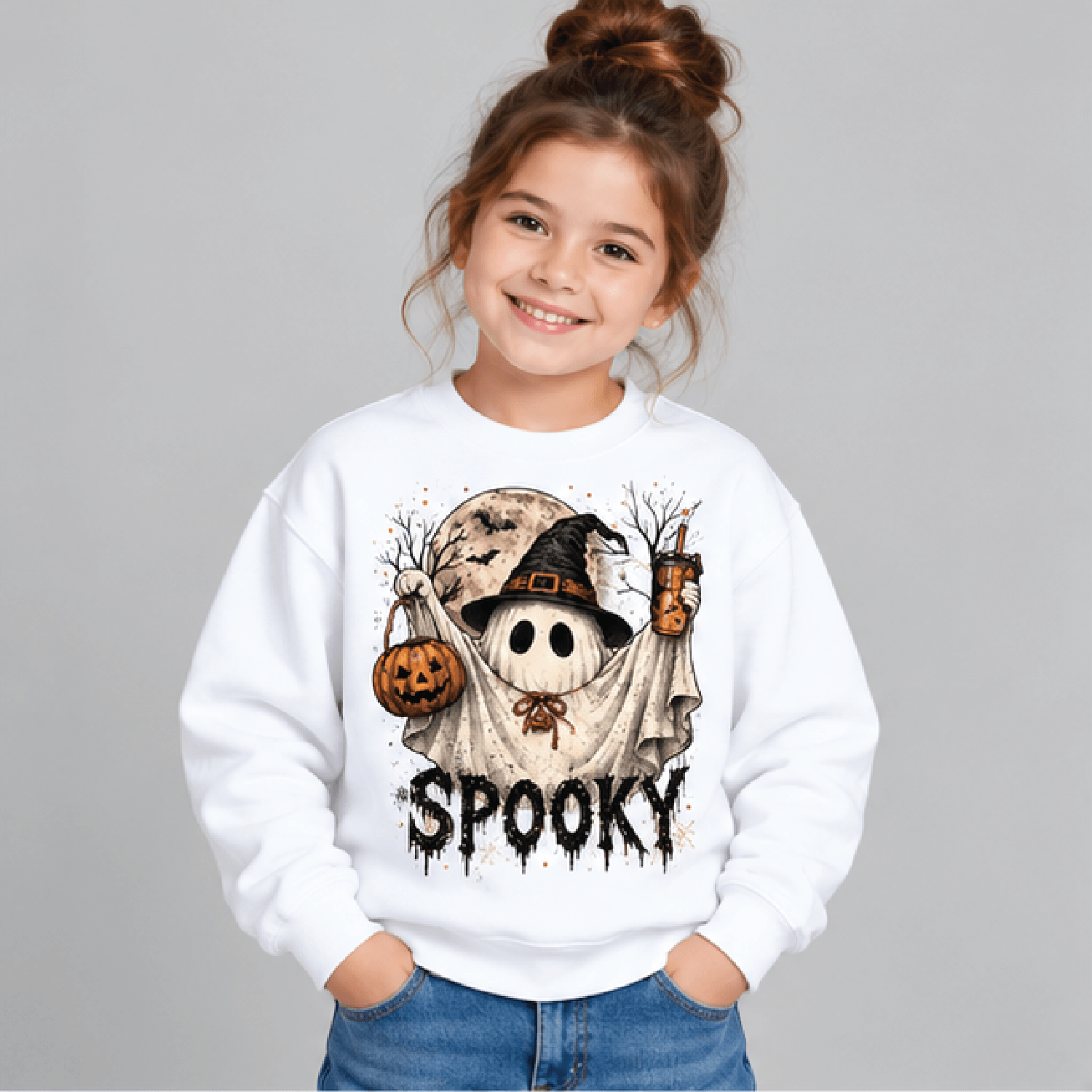 ghost witch halloween sweatshirt, kids youth unisex witch hat ghost crewneck, cute spooky season fall sweater, halloween