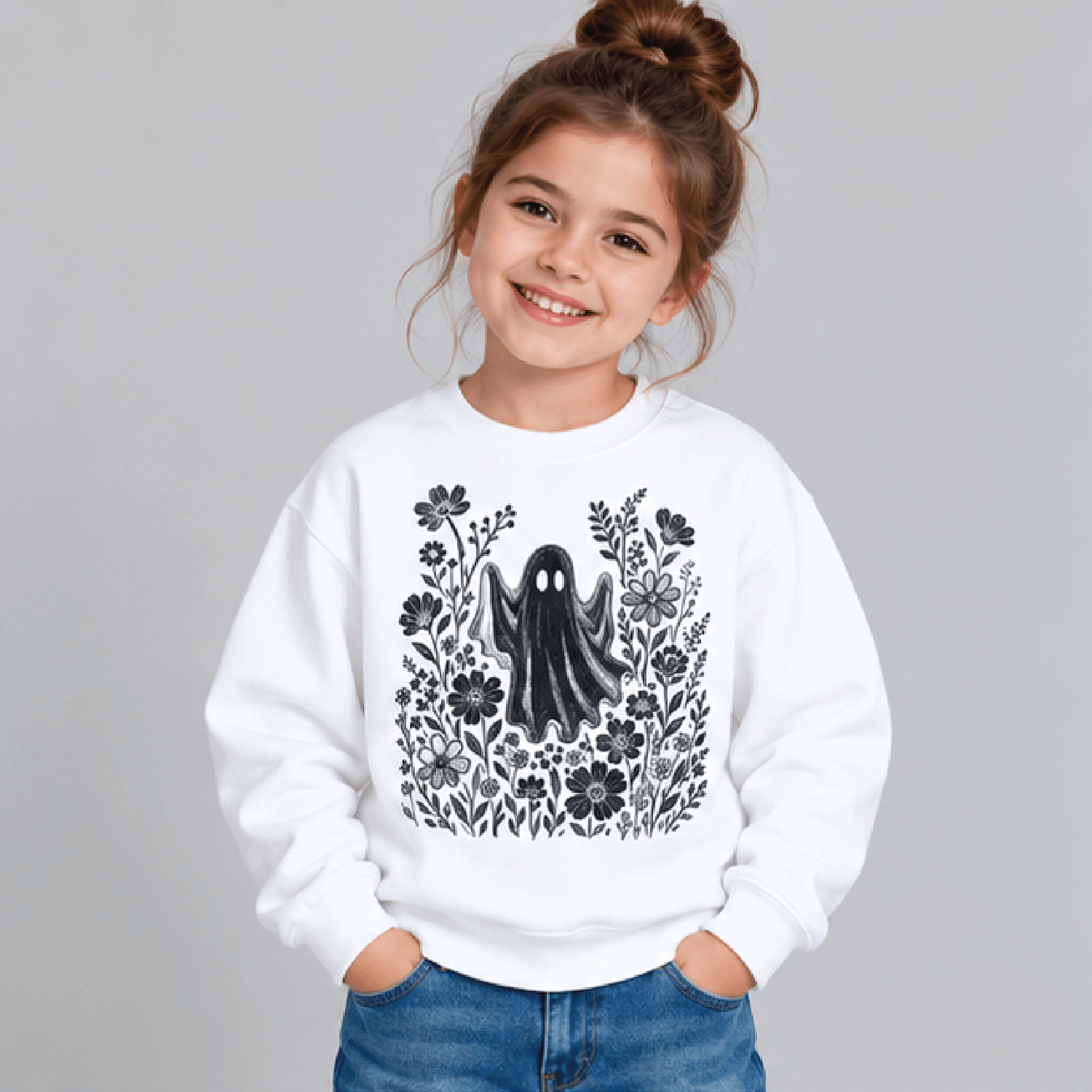 floral ghost halloween sweatshirt, kids youth unisex cute ghost crewneck, flower spooky season fall sweater, halloween g