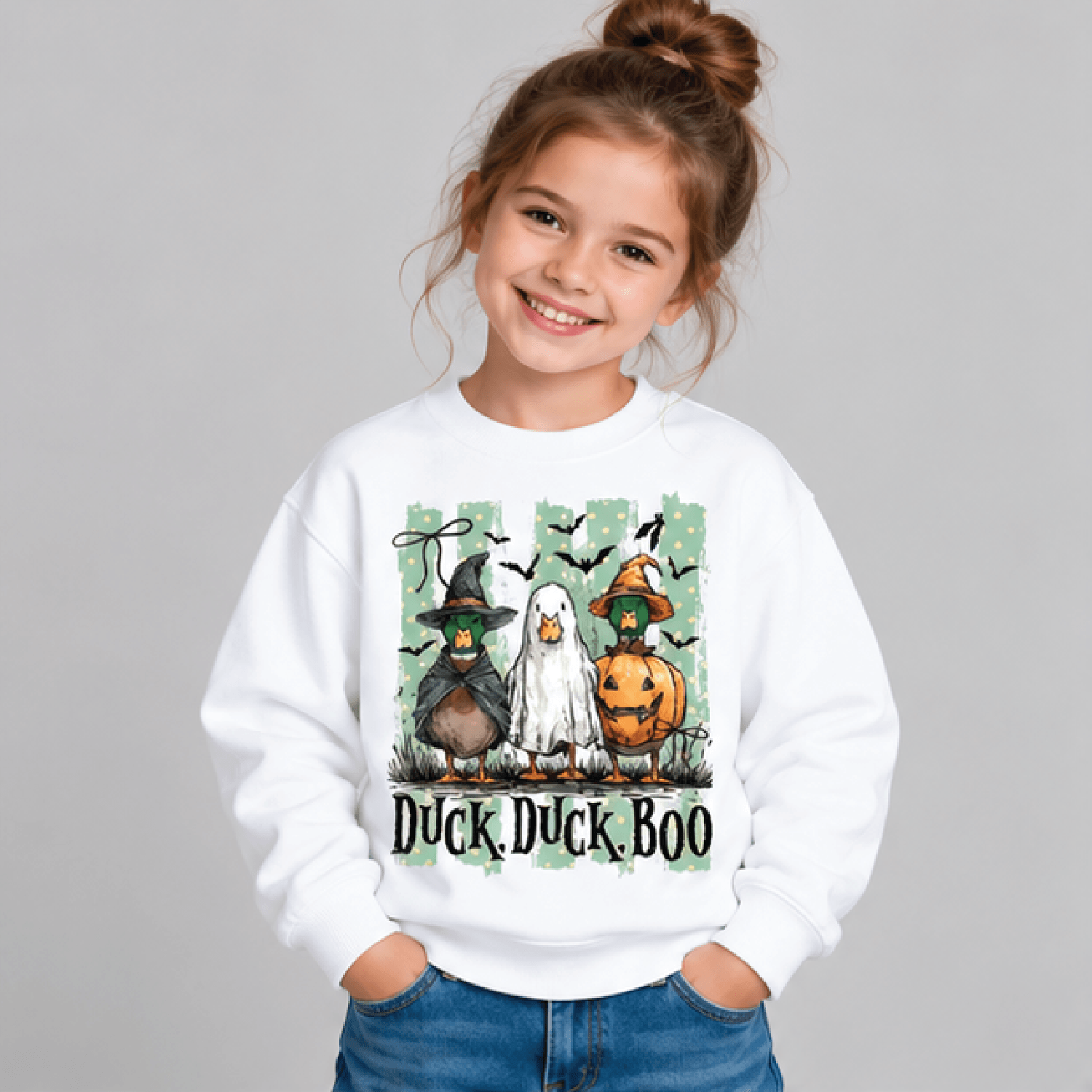 duck duck boo halloween sweatshirt, kids youth unisex funny duck ghost crewneck, cute spooky season fall sweater gift