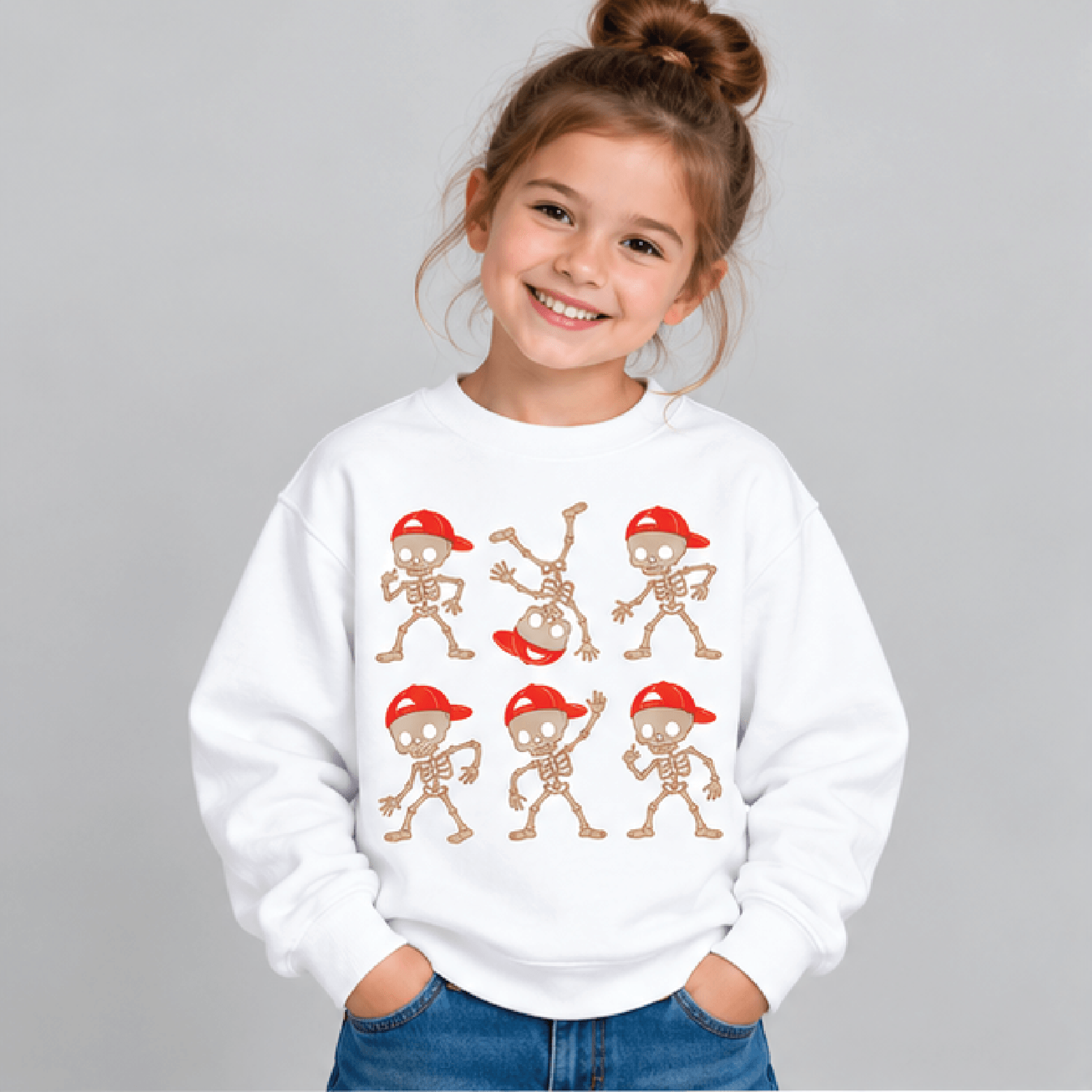 dancing skeleton halloween sweatshirt, kids youth unisex skeleton crewneck, orange cap skull dance spooky season sweater
