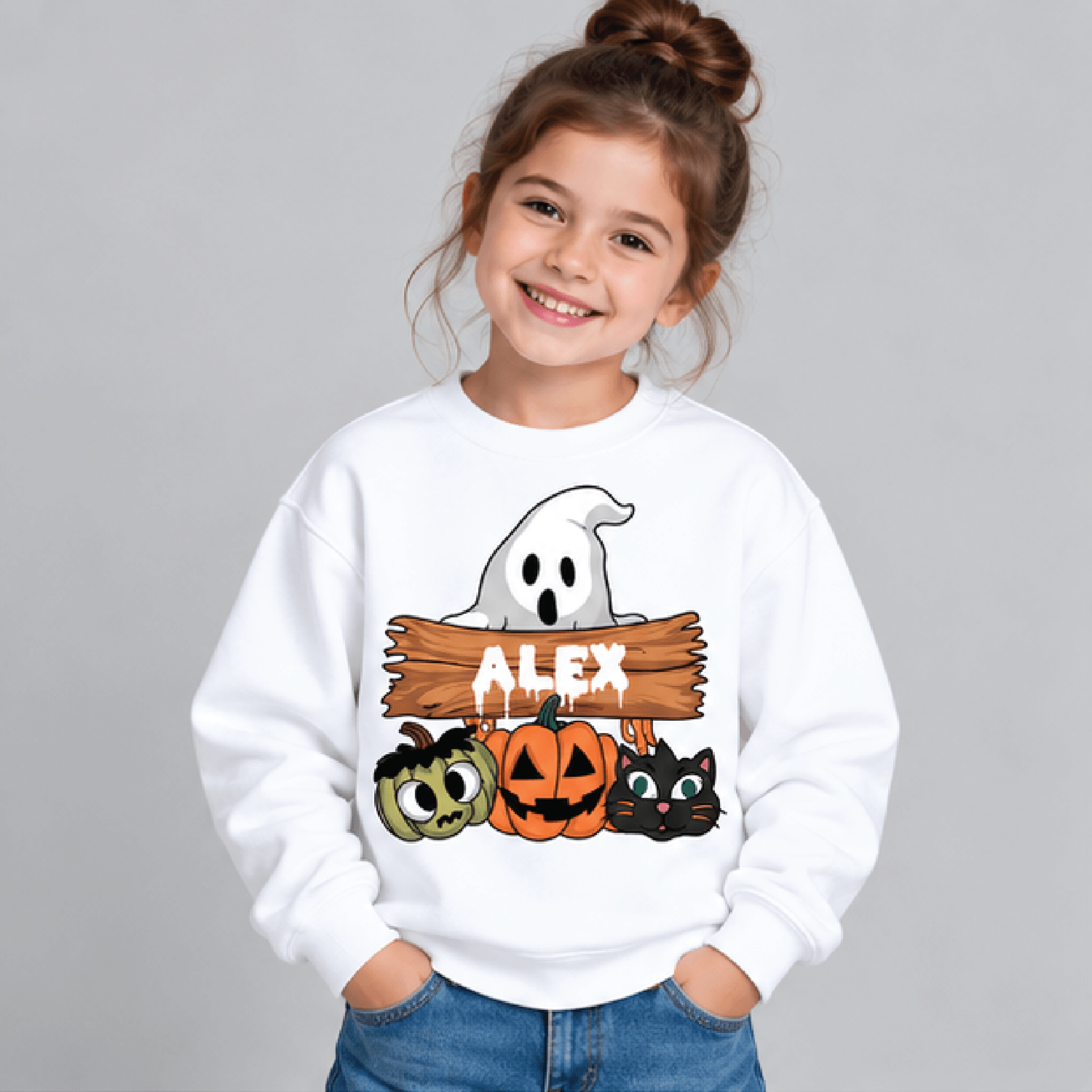 personalized ghost halloween sweatshirt, kids youth unisex custom name crewneck, pumpkin black cat spooky sweater gift