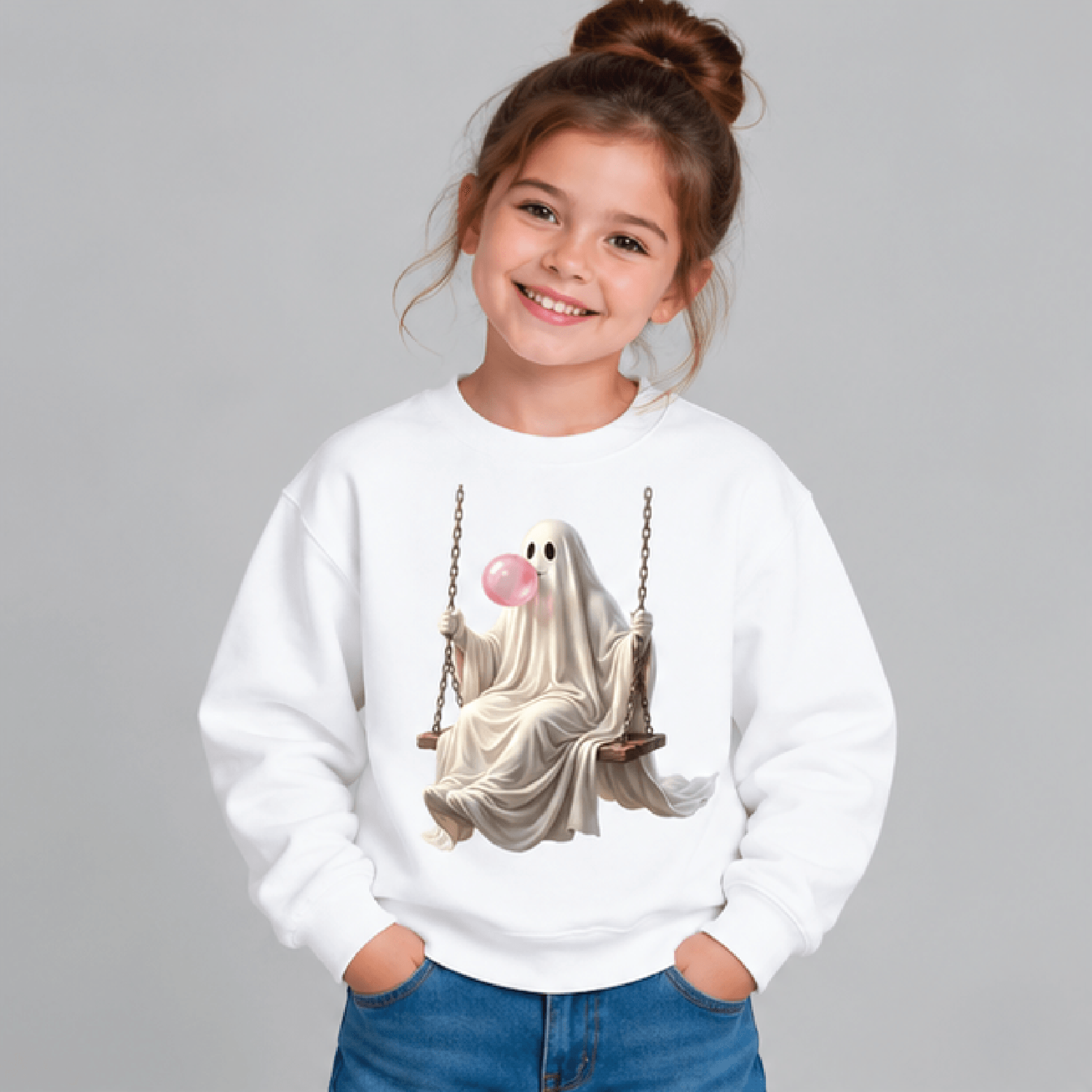 ghost on swing halloween sweatshirt, kids youth unisex cute ghost crewneck, spooky swing fall sweater, halloween gift