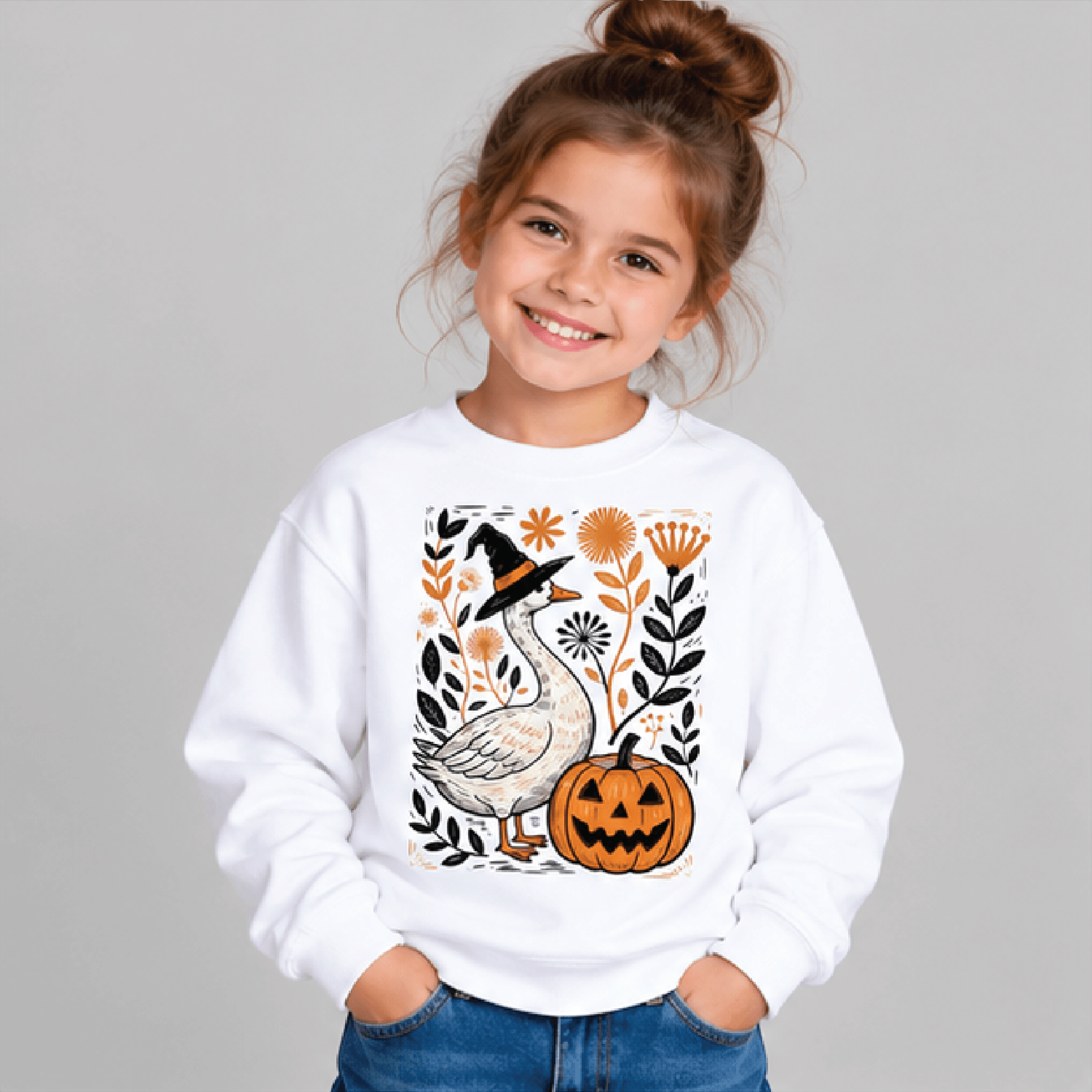 floral autumn goose sweatshirt, kids youth unisex funny goose crewneck, cute fall flowers pumpkin season sweater gift