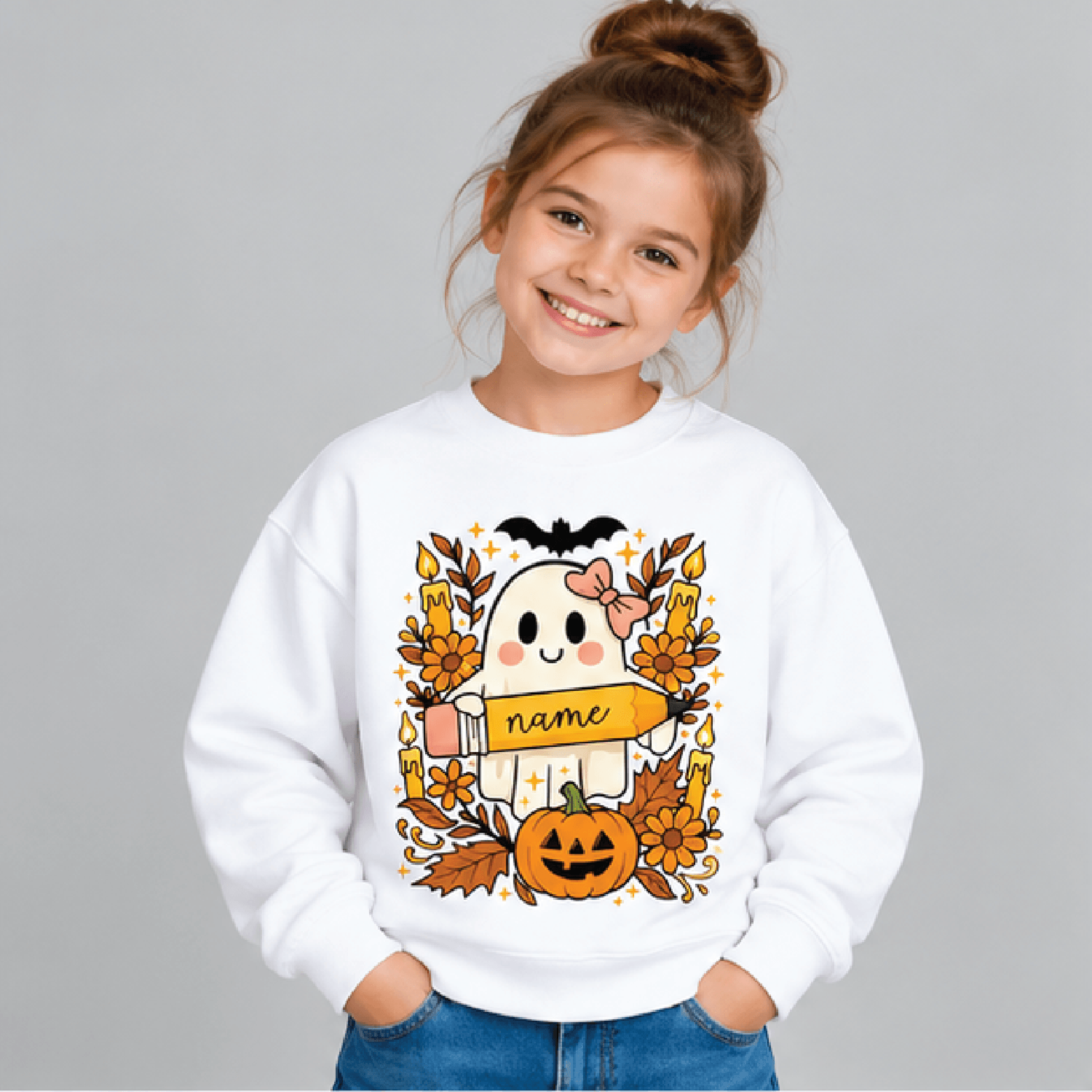 personalized halloween name sweatshirt, kids youth unisex custom name crewneck, cute spooky ghost pumpkin fall sweater g