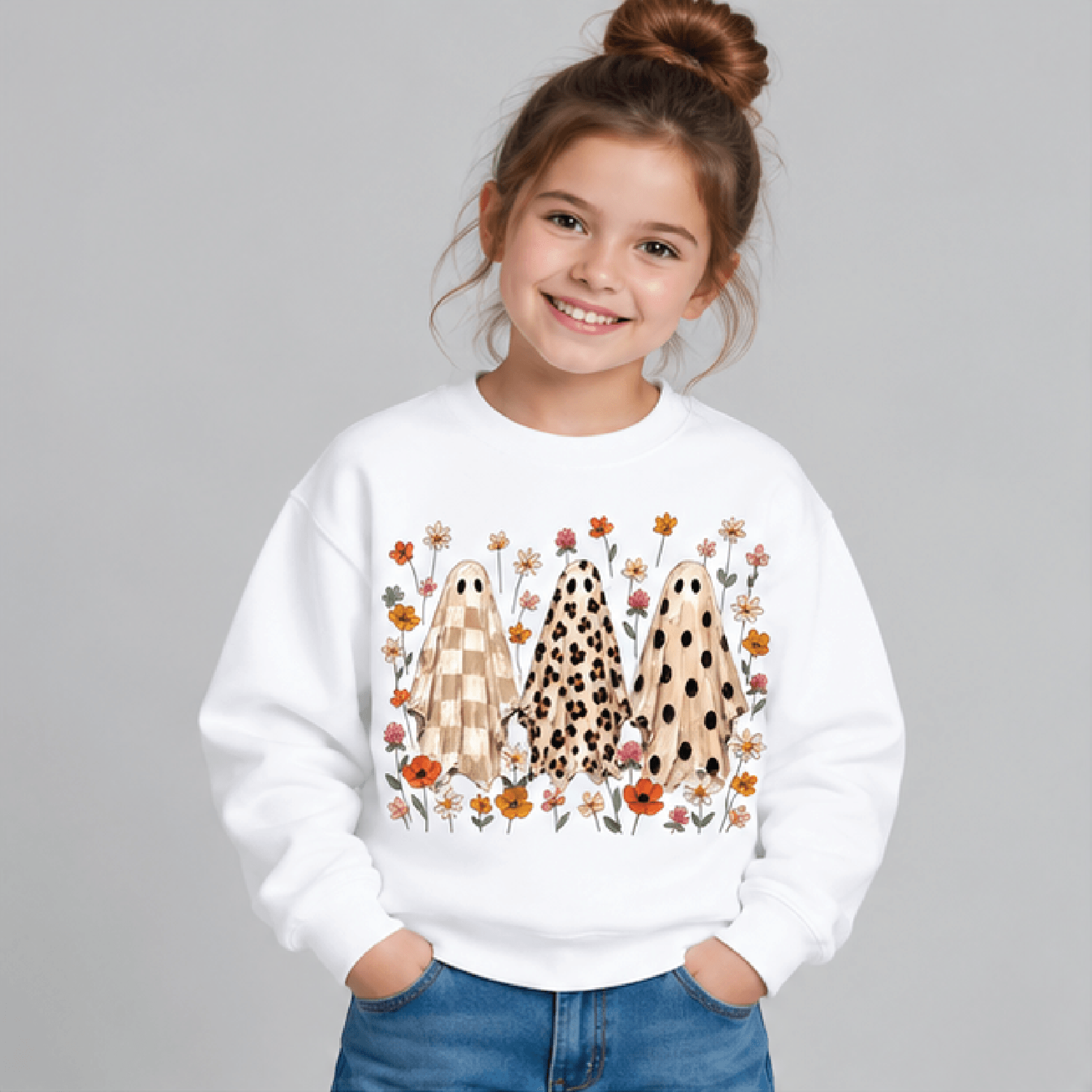 floral leopard ghost halloween sweatshirt, kids youth unisex cute ghost crewneck, spooky floral fall sweater halloween g