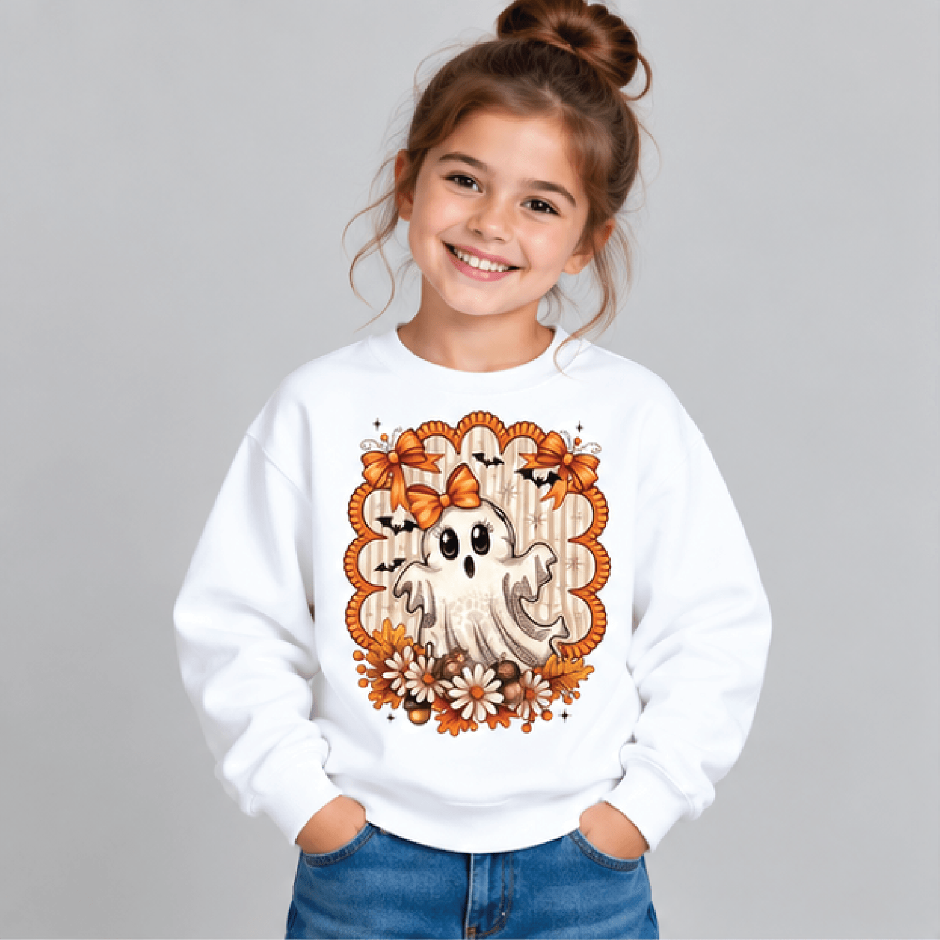 cute bow ghost halloween sweatshirt, kids youth unisex floral ghost crewneck, orange bow bat spooky season sweater gift