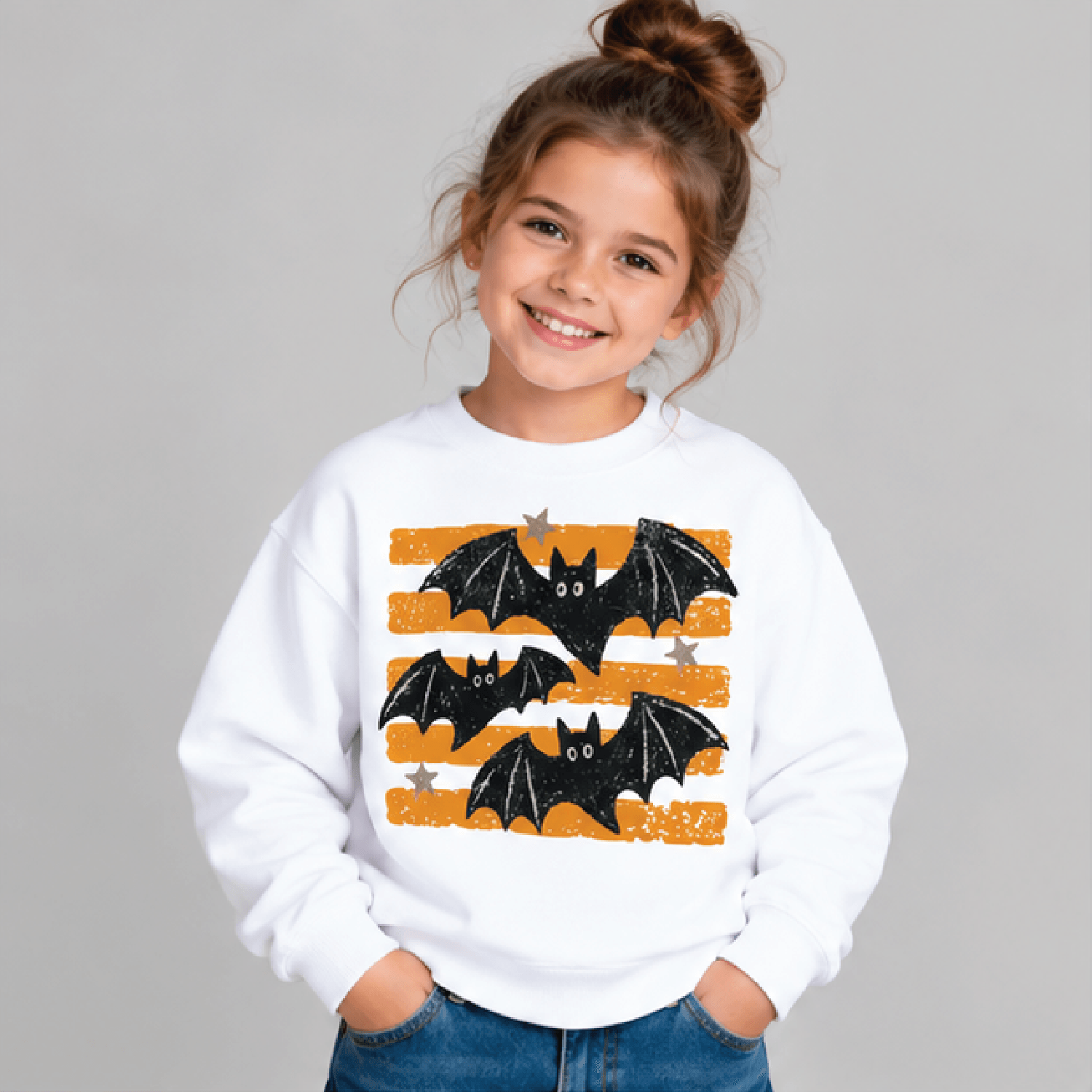 retro bat halloween sweatshirt, kids youth unisex spooky bats crewneck, orange stripe vintage halloween sweater gift
