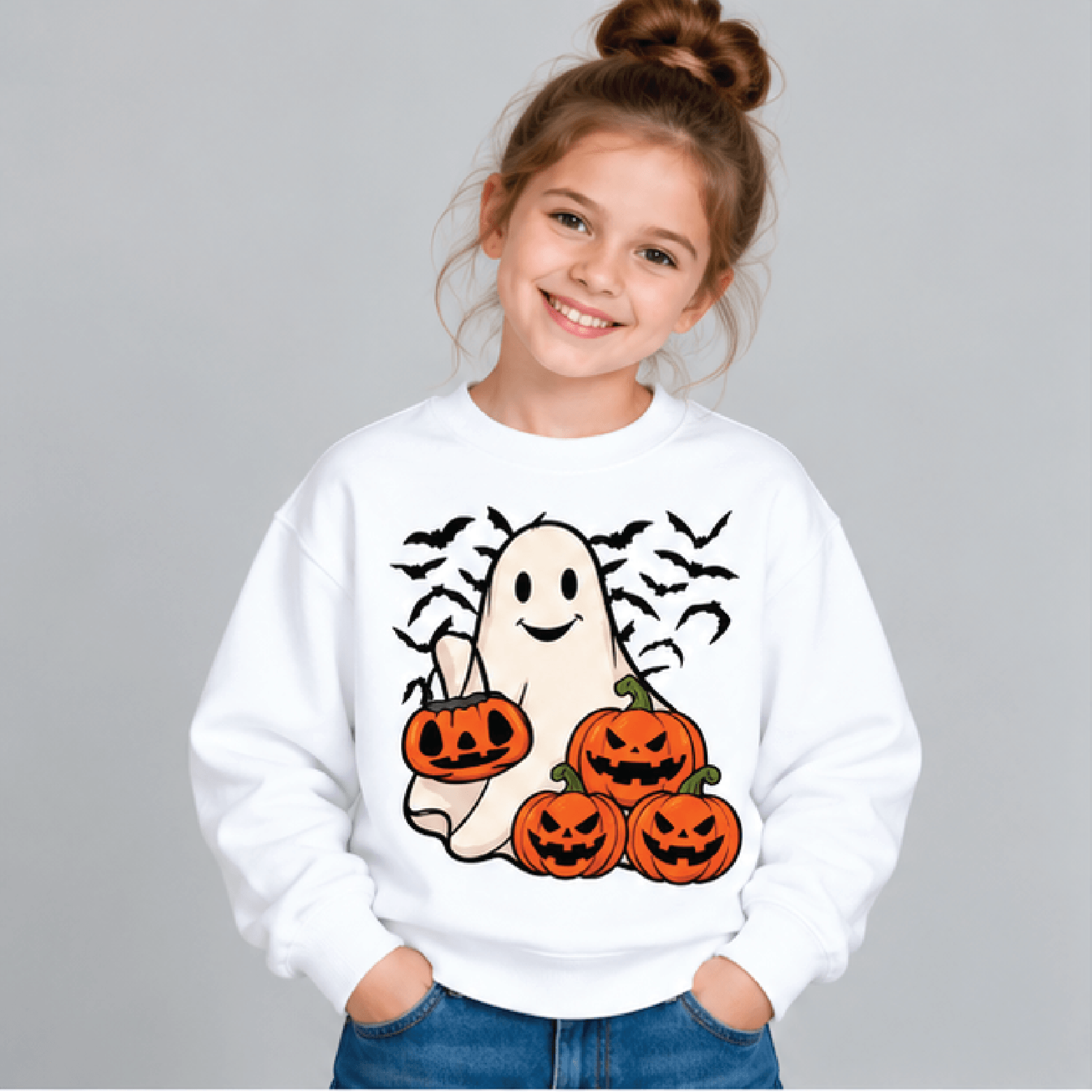 ghost and pumpkin halloween sweatshirt, kids youth unisex cute ghost crewneck, pumpkin season spooky fall sweater gift