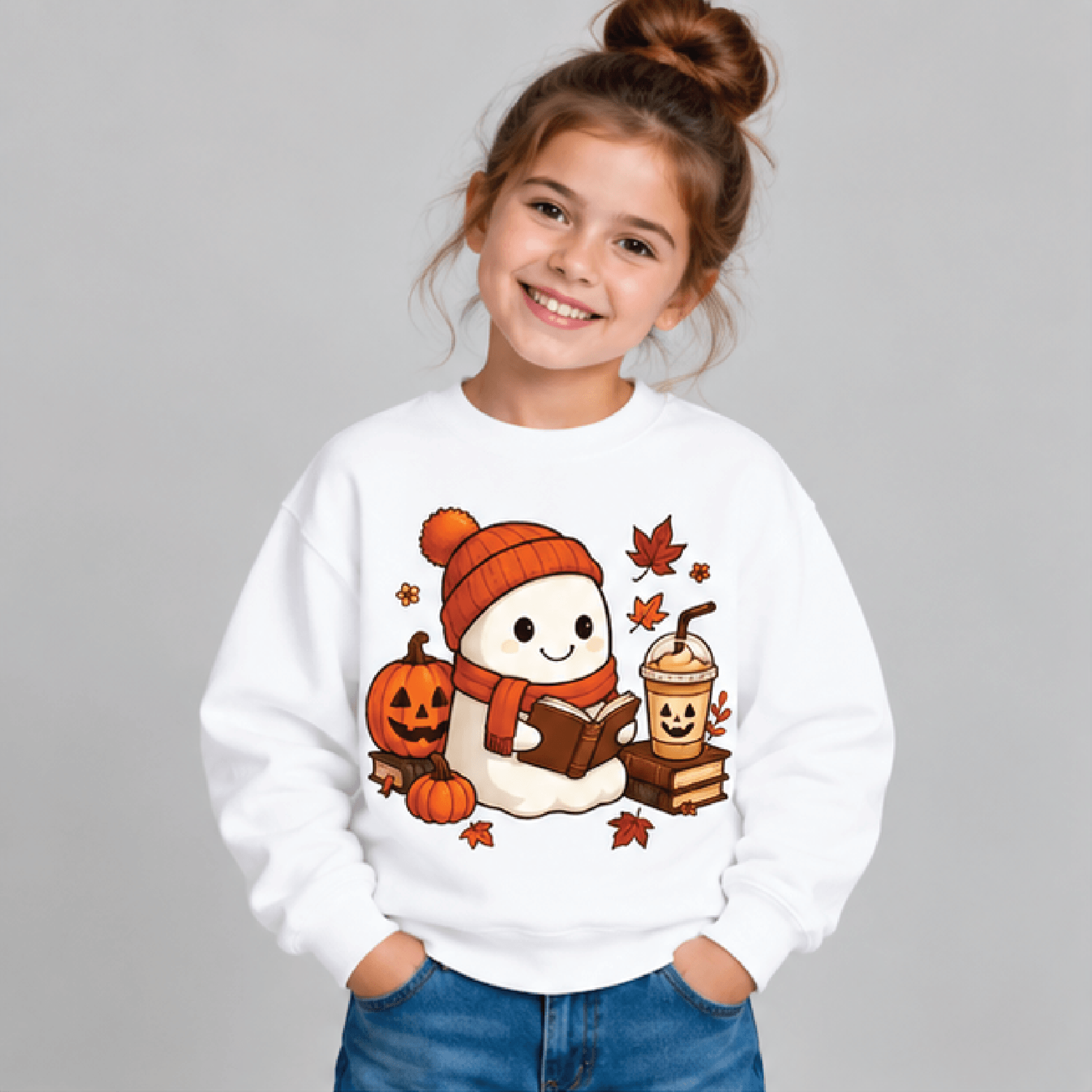 ghost reading book halloween sweatshirt, kids youth unisex bookish ghost crewneck, pumpkin coffee fall sweater gift