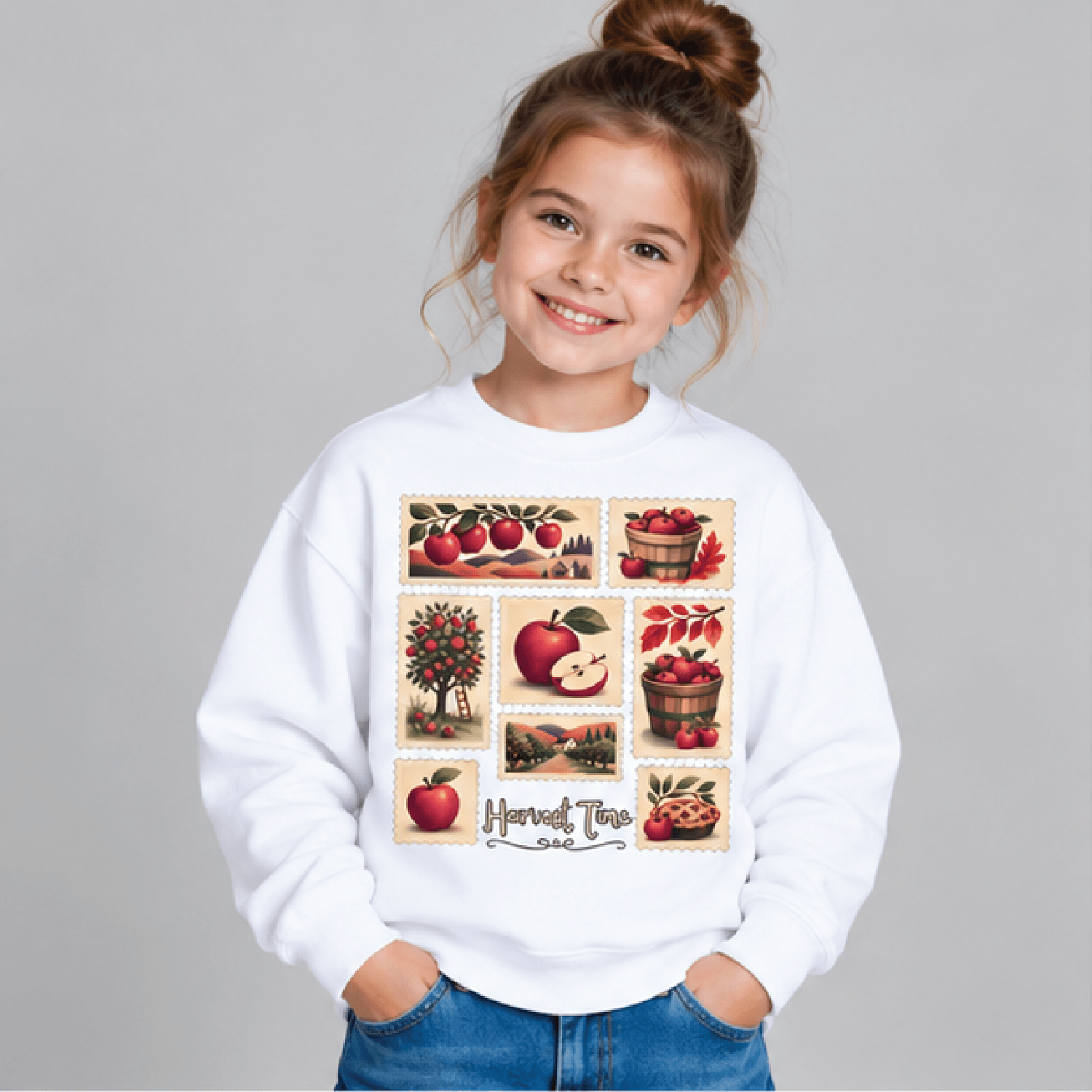 vintage apple orchard sweatshirt, kids youth unisex harvest time crewneck, retro apple picking fall cottagecore sweater