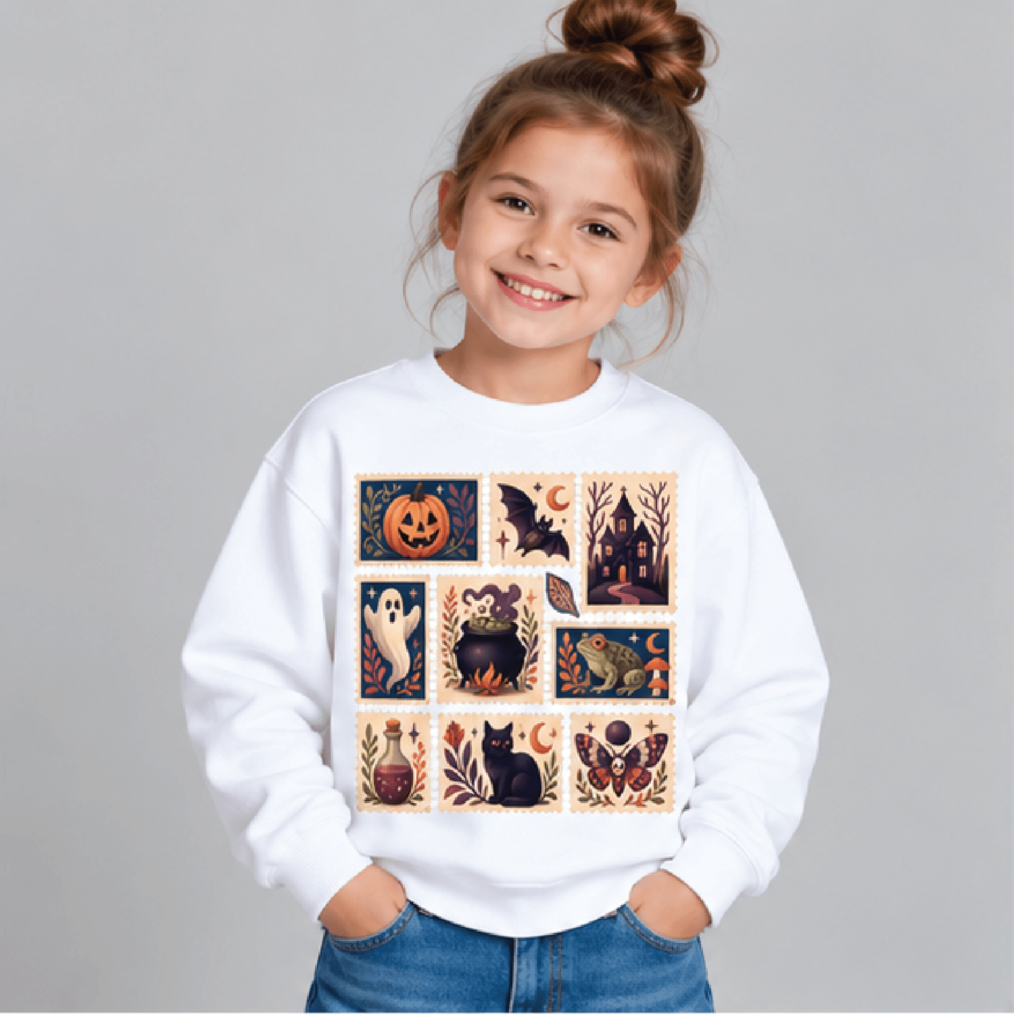 halloween postage stamp sweatshirt, kids youth unisex gothic folk art crewneck, witchy ghost pumpkin cottagecore sweater