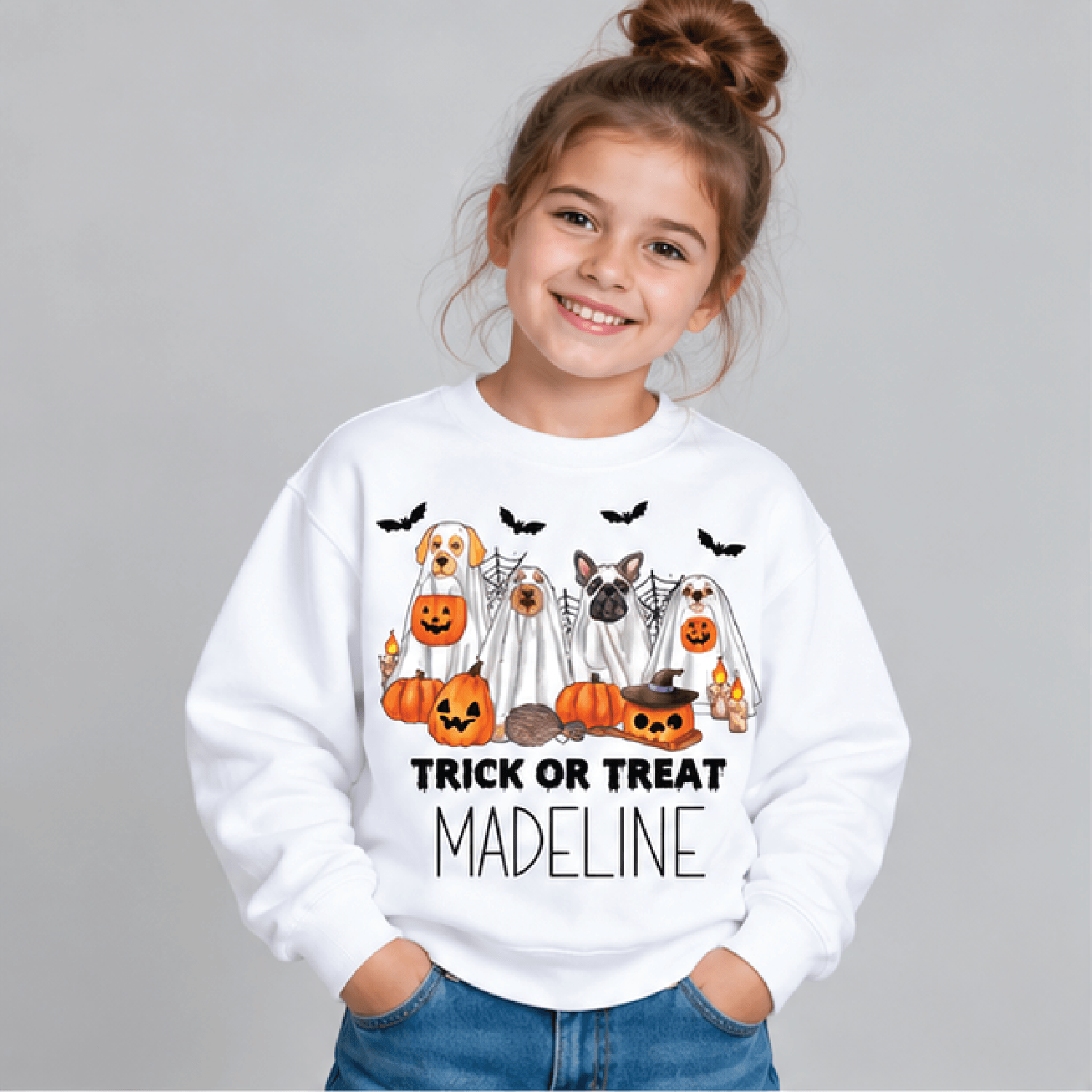 personalized halloween dog ghost sweatshirt, kids youth unisex custom name crewneck, cute puppy spooky season sweater gi