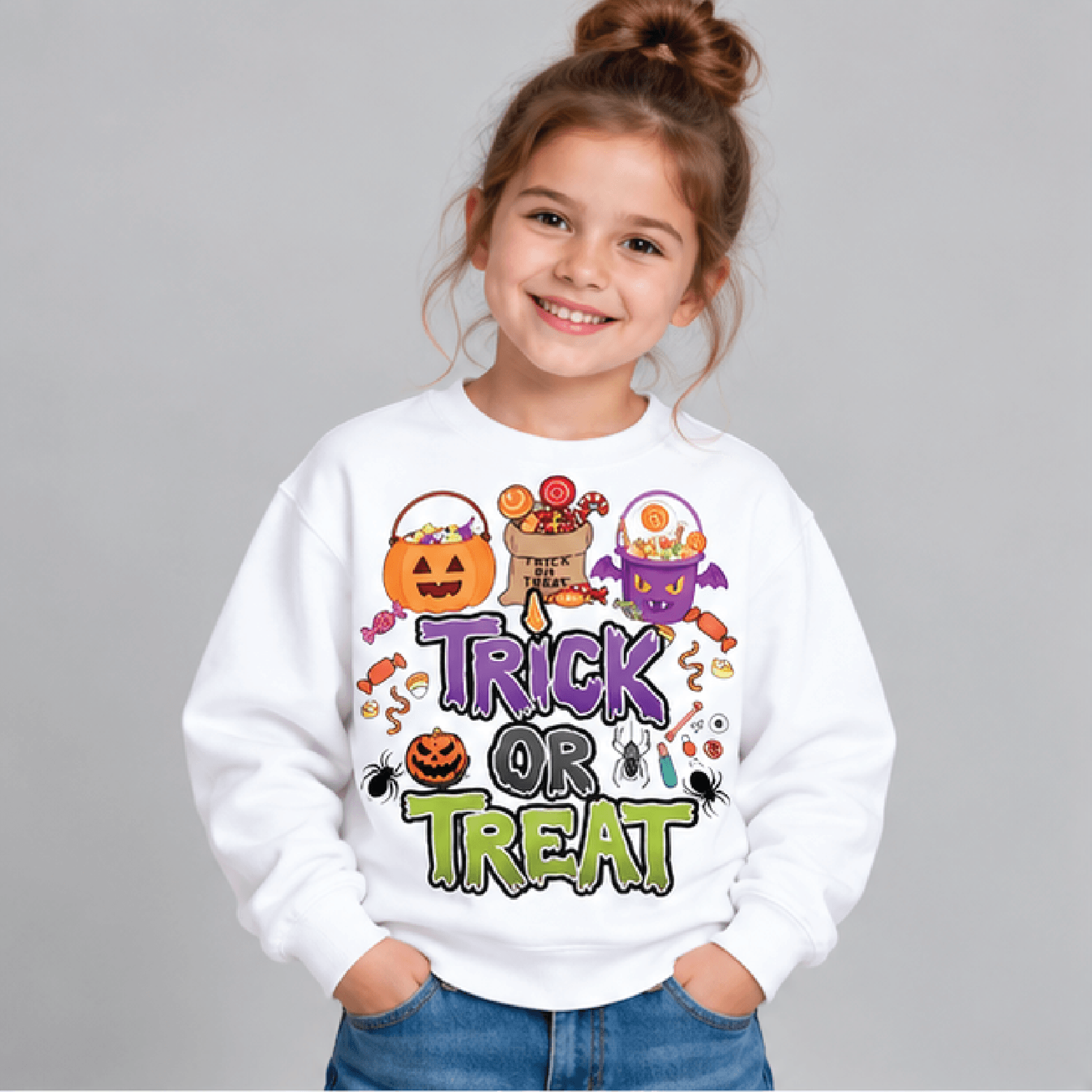 personalized trick or treat halloween sweatshirt, kids youth unisex candy pumpkin crewneck, custom name spooky sweater g