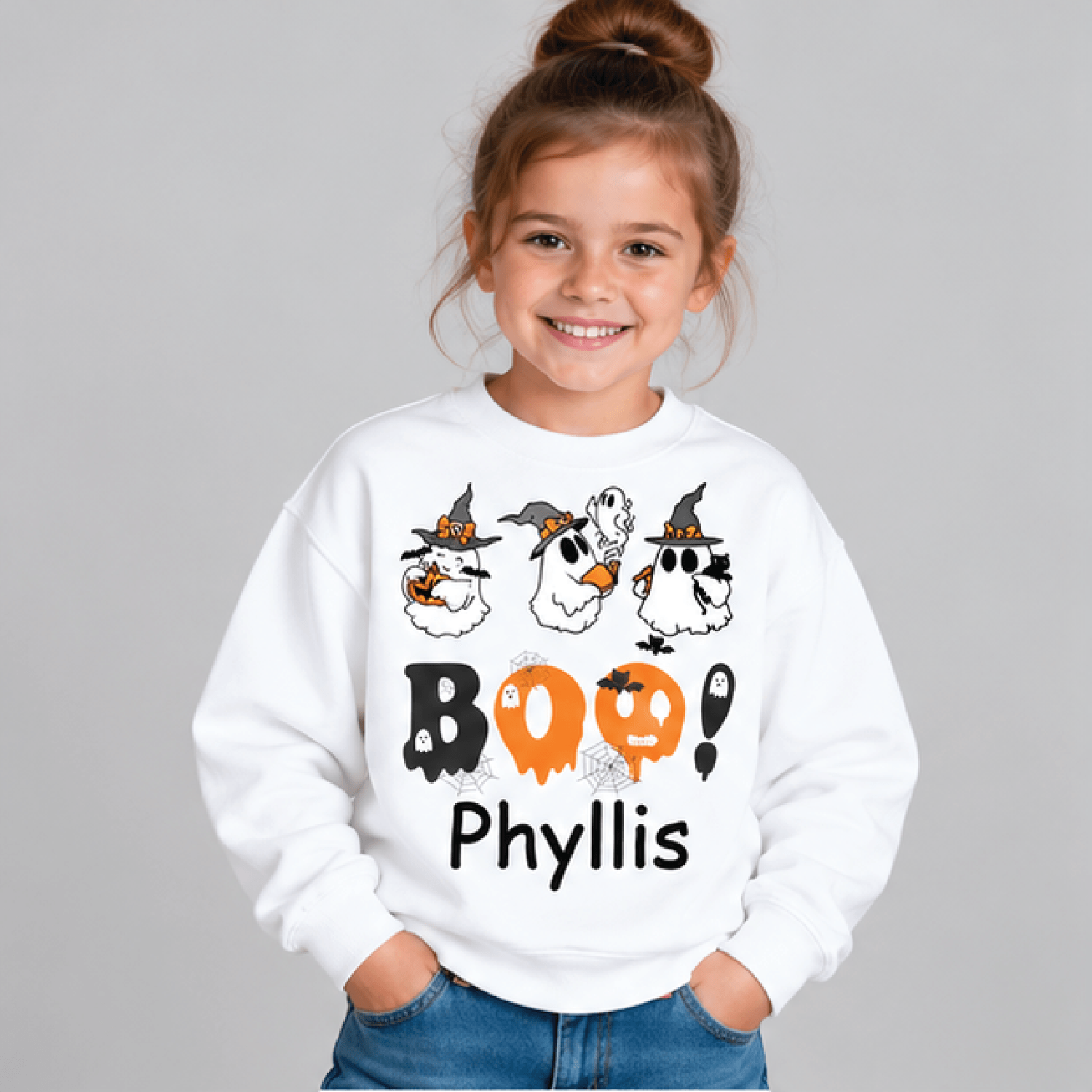 personalized boo ghost halloween sweatshirt, kids youth unisex custom name crewneck, witch hat pumpkin spooky sweater gi