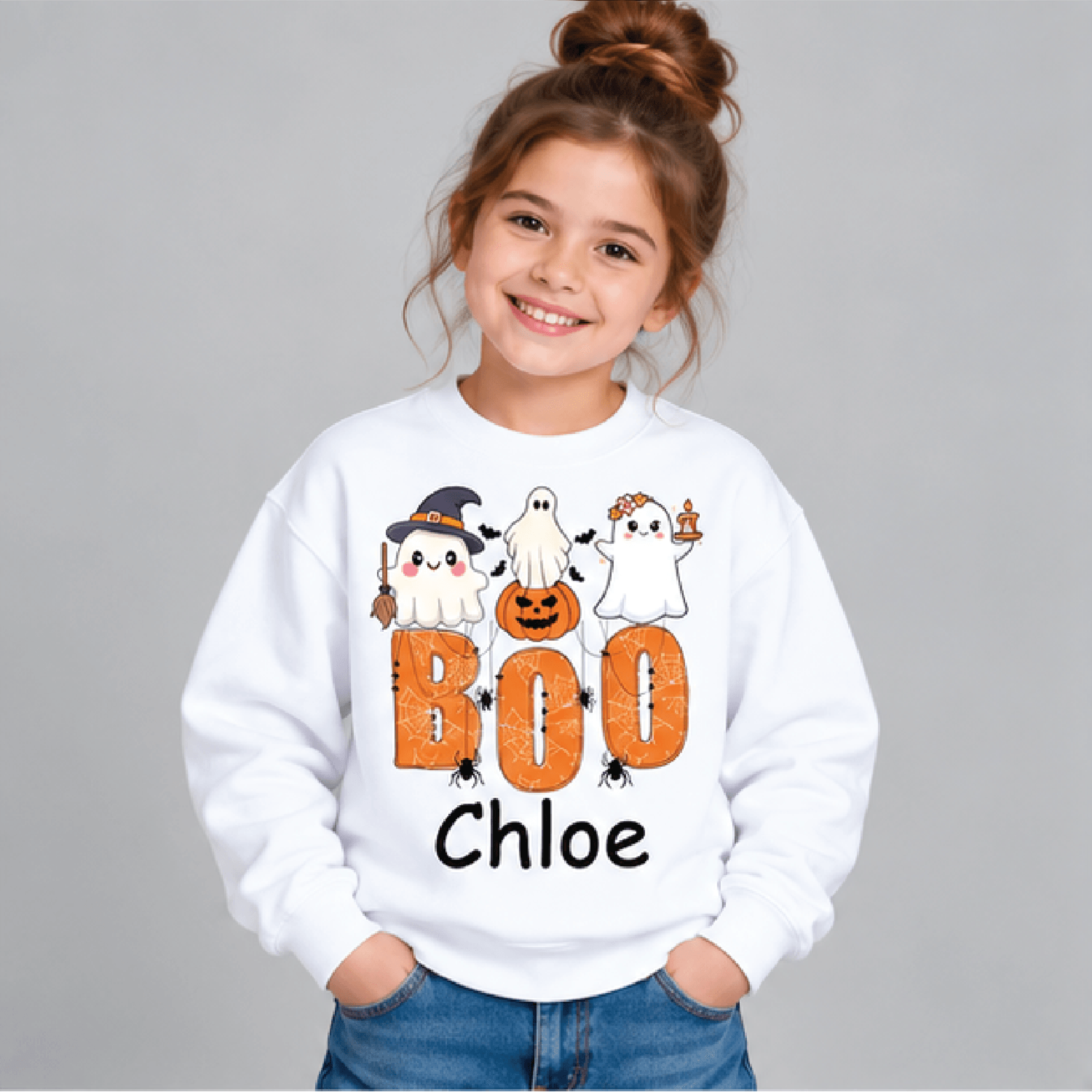 personalized spooky ghost halloween sweatshirt, kids youth unisex custom name crewneck, pink bow ghost boo sweater gift