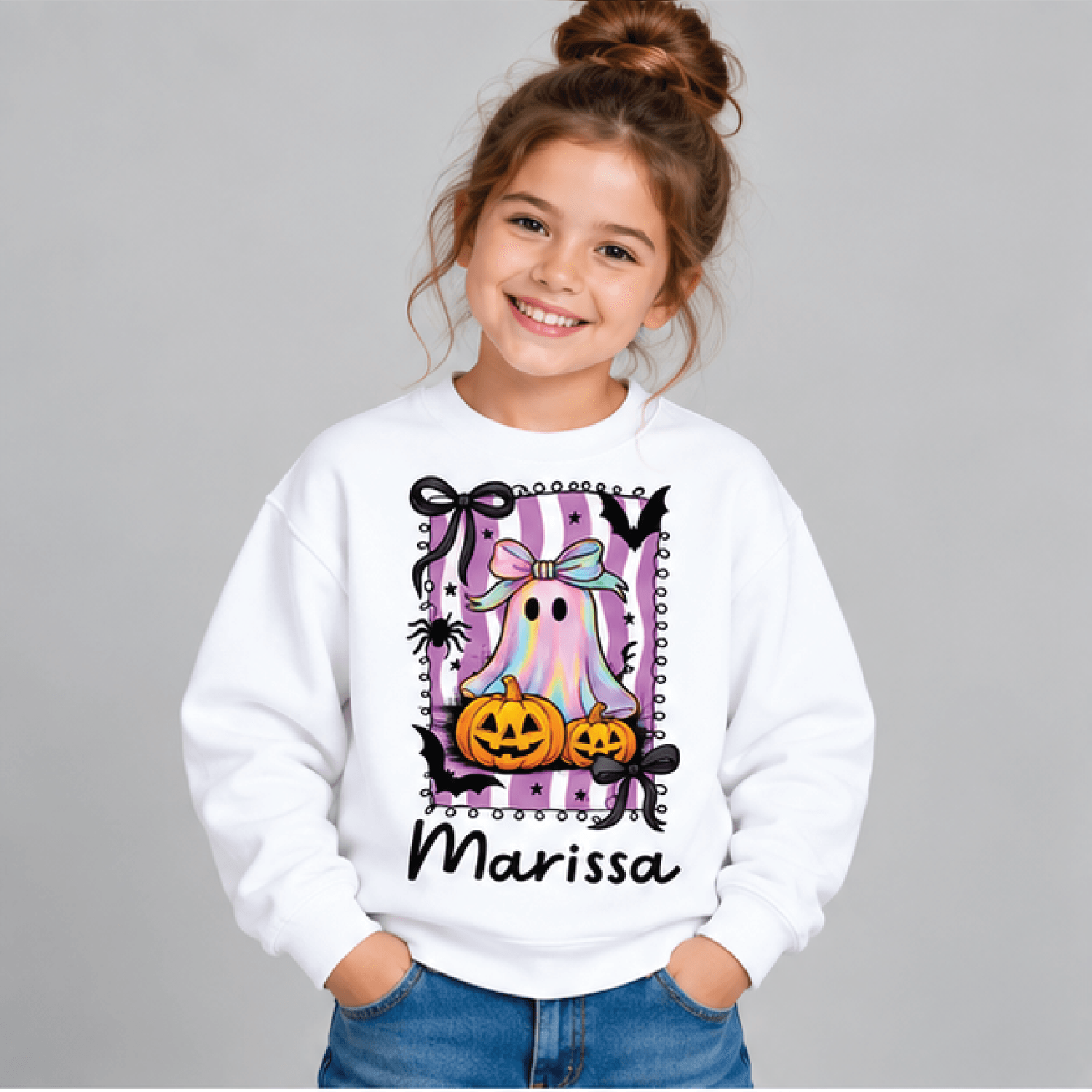 personalized iridescent coquette ghost sweatshirt, kids youth unisex custom name crewneck, pumpkin bat halloween sweater