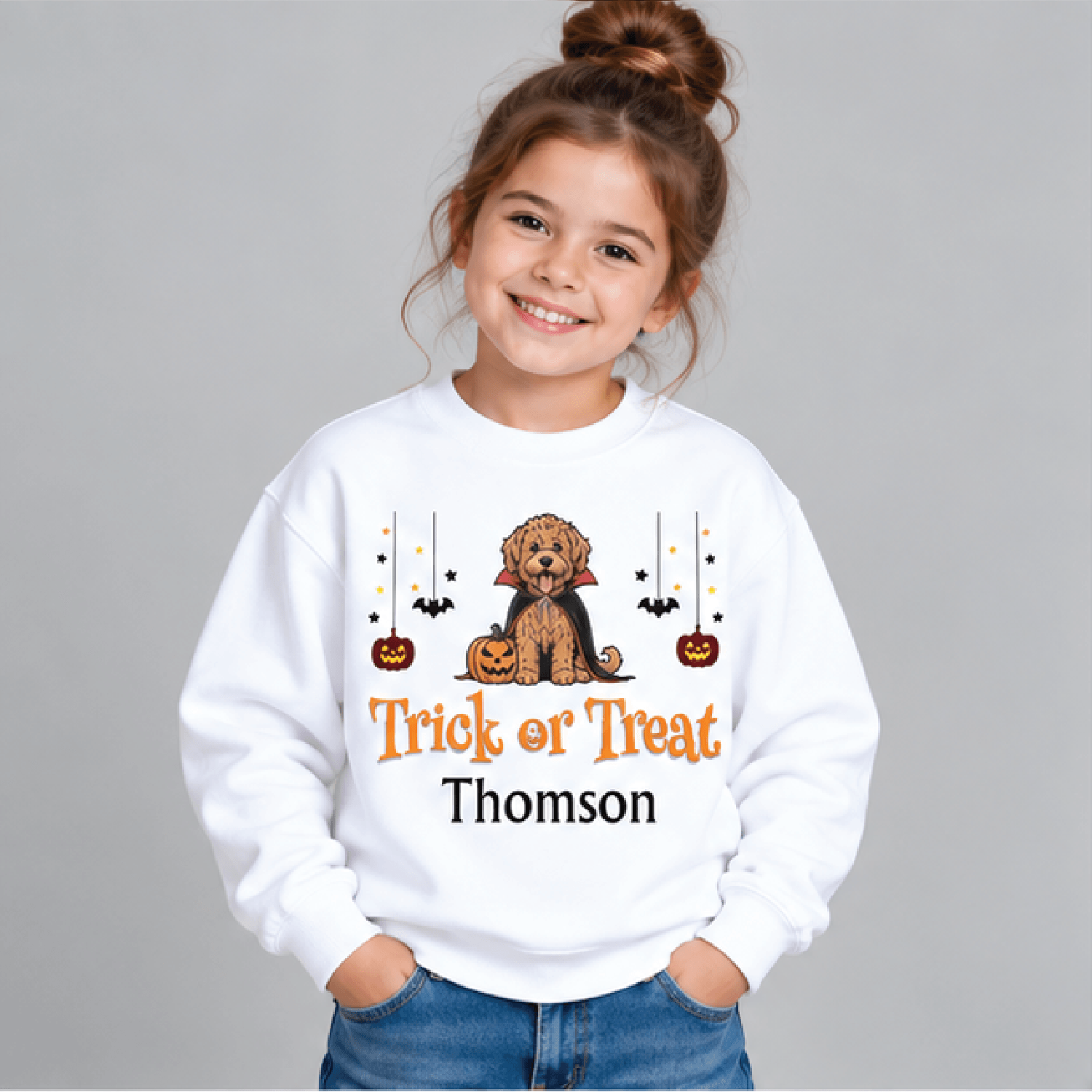 personalized vampire dog halloween sweatshirt, kids youth unisex custom name crewneck, trick or treat puppy pumpkin swea