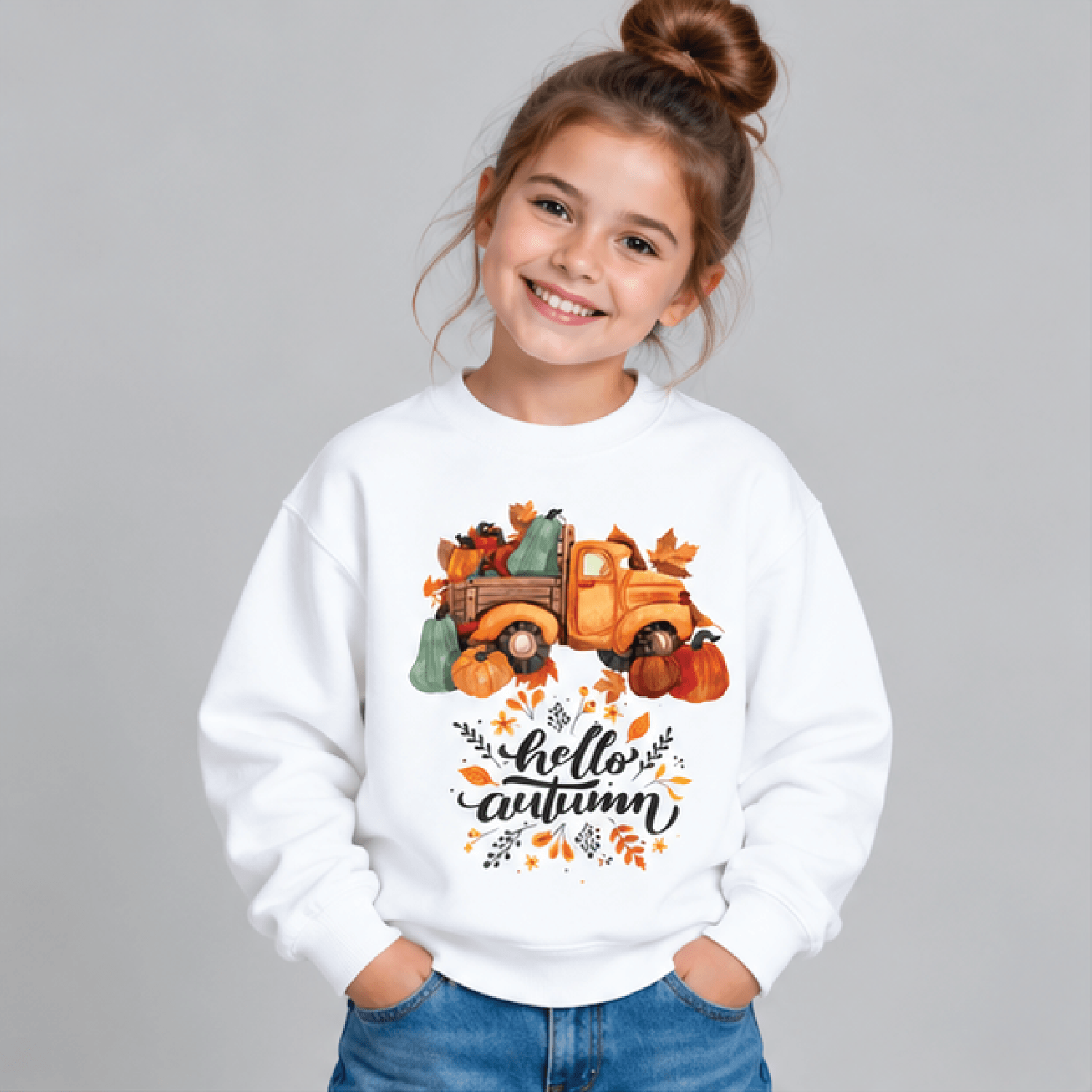 pumpkin truck fall sweatshirt, kids youth unisex hello autumn crewneck, cute pumpkin harvest truck thanksgiving sweater