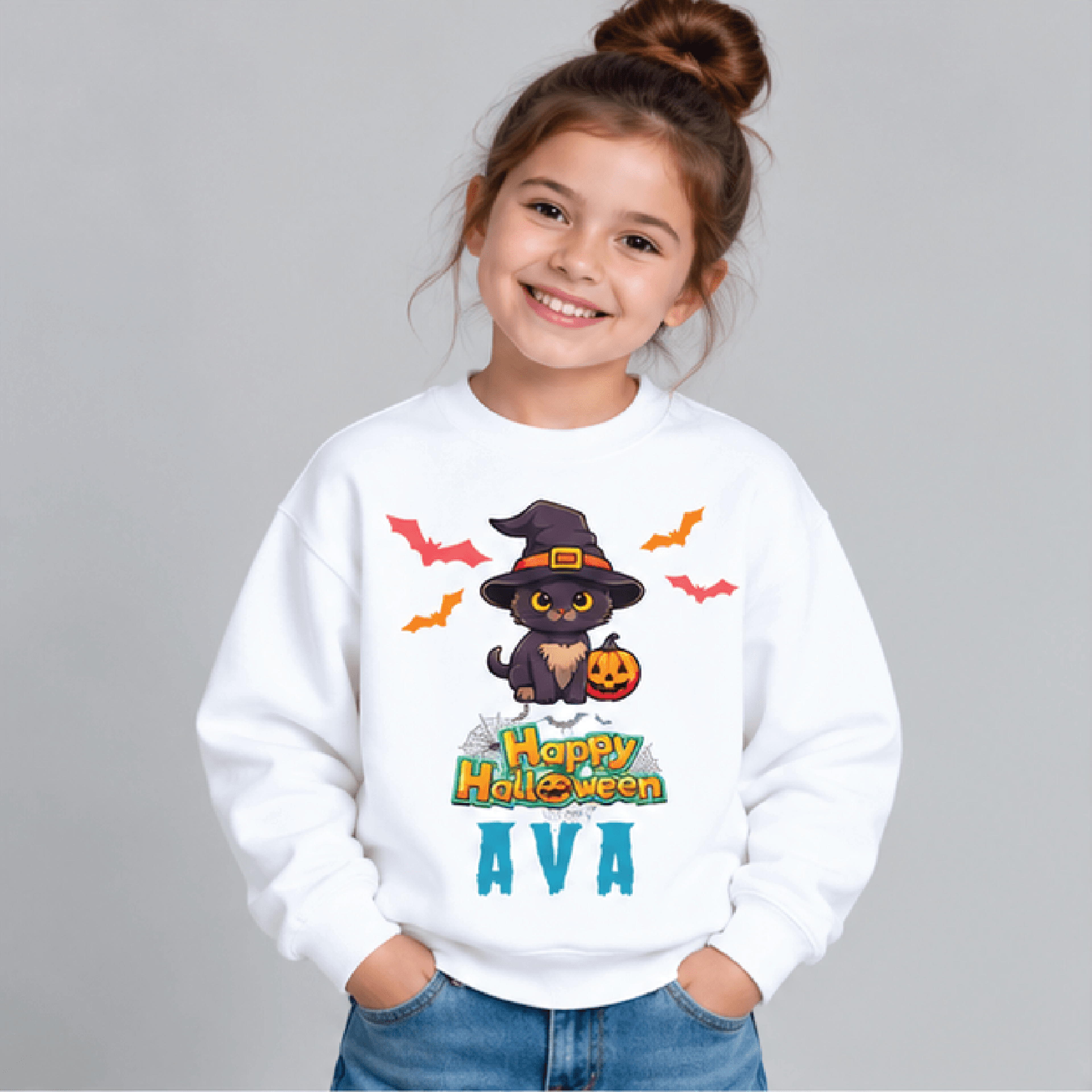personalized black cat halloween sweatshirt, kids youth unisex custom name crewneck, witch hat pumpkin spooky sweater gi