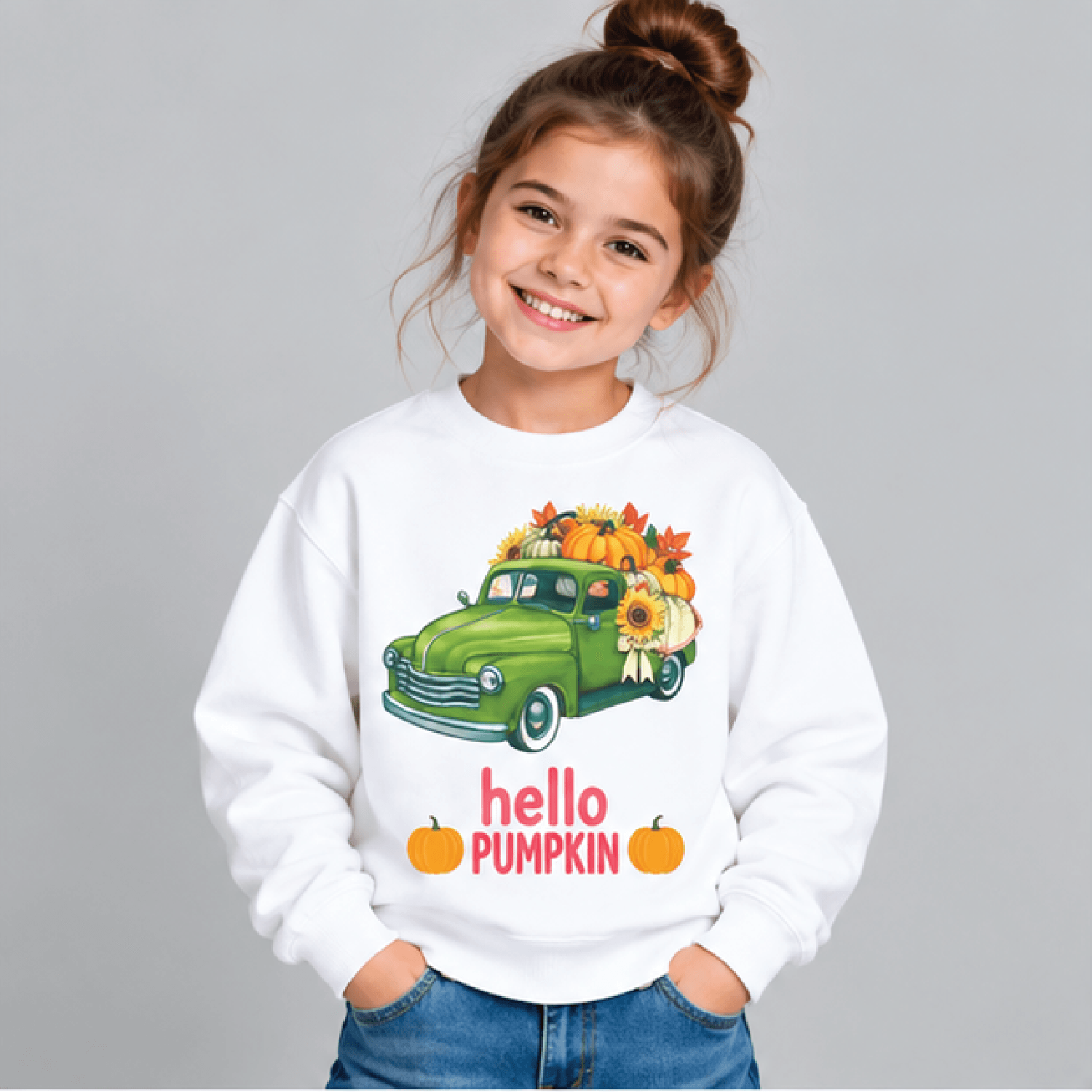 personalized hello pumpkin truck sweatshirt, kids youth unisex custom name crewneck, vintage fall harvest pumpkin sweate