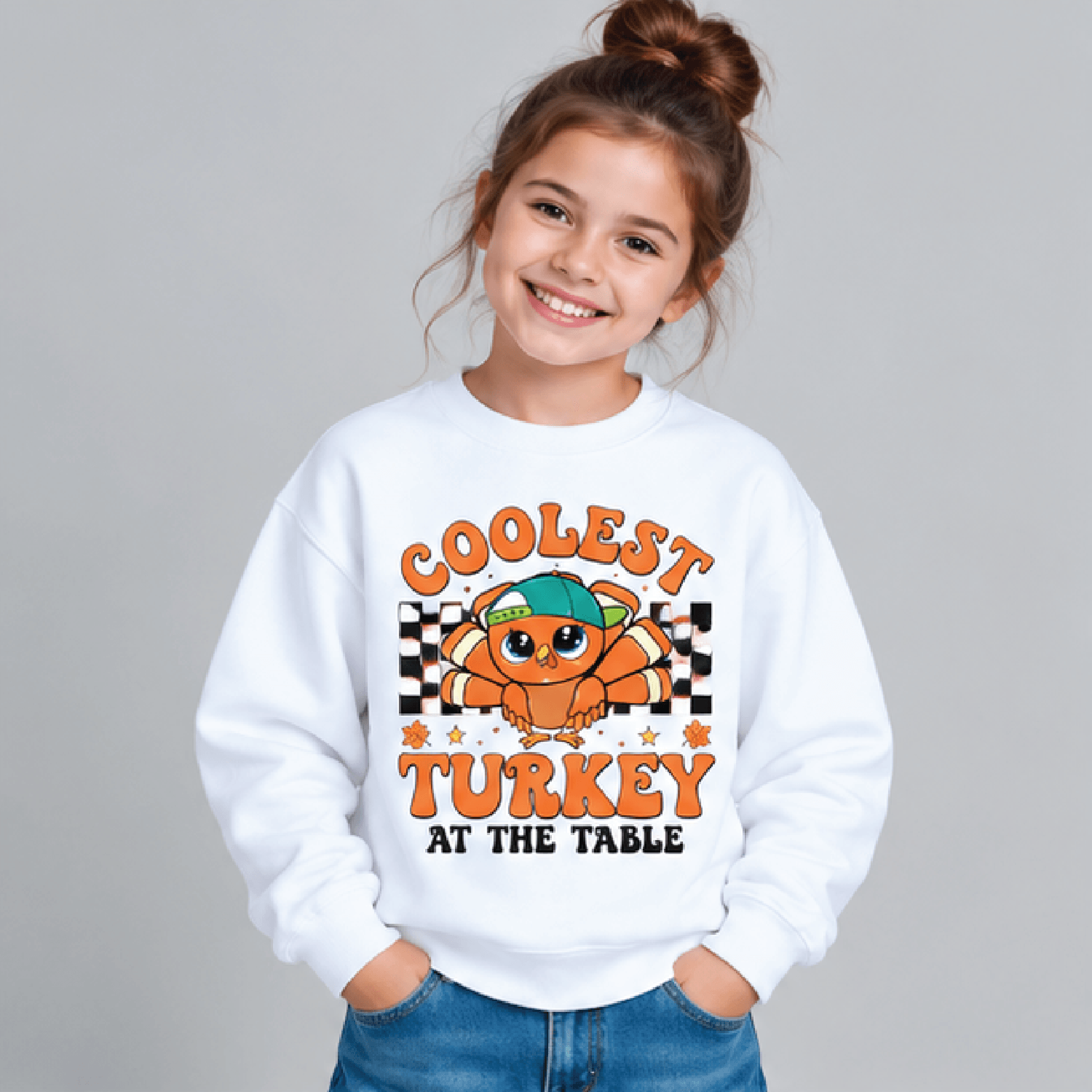 coolest turkey on the table thanksgiving sweatshirt, kids youth unisex funny turkey crewneck, cute fall thanksgiving