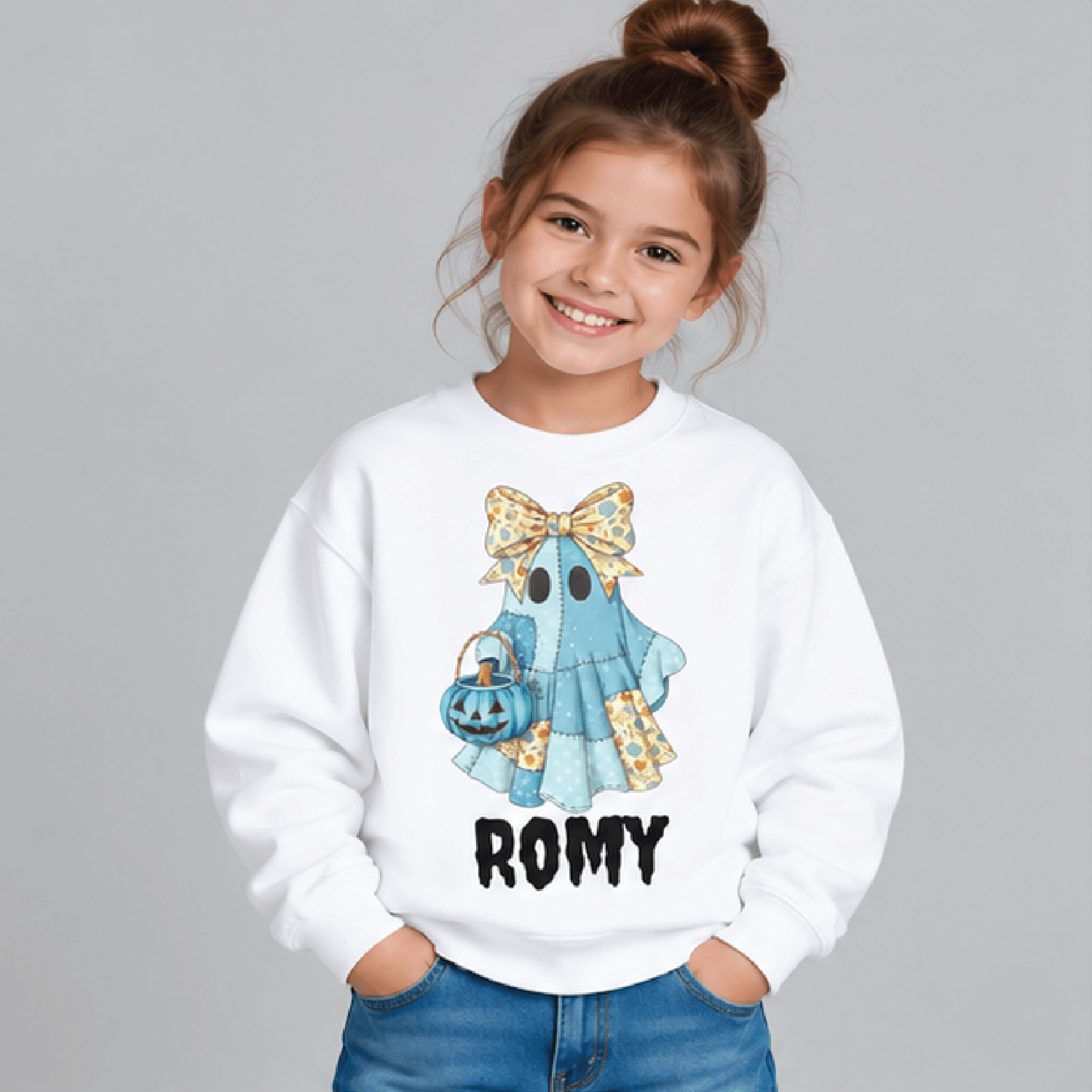 personalized patchwork ghost halloween sweatshirt, kids youth unisex custom name crewneck, blue ghost pumpkin spooky swe