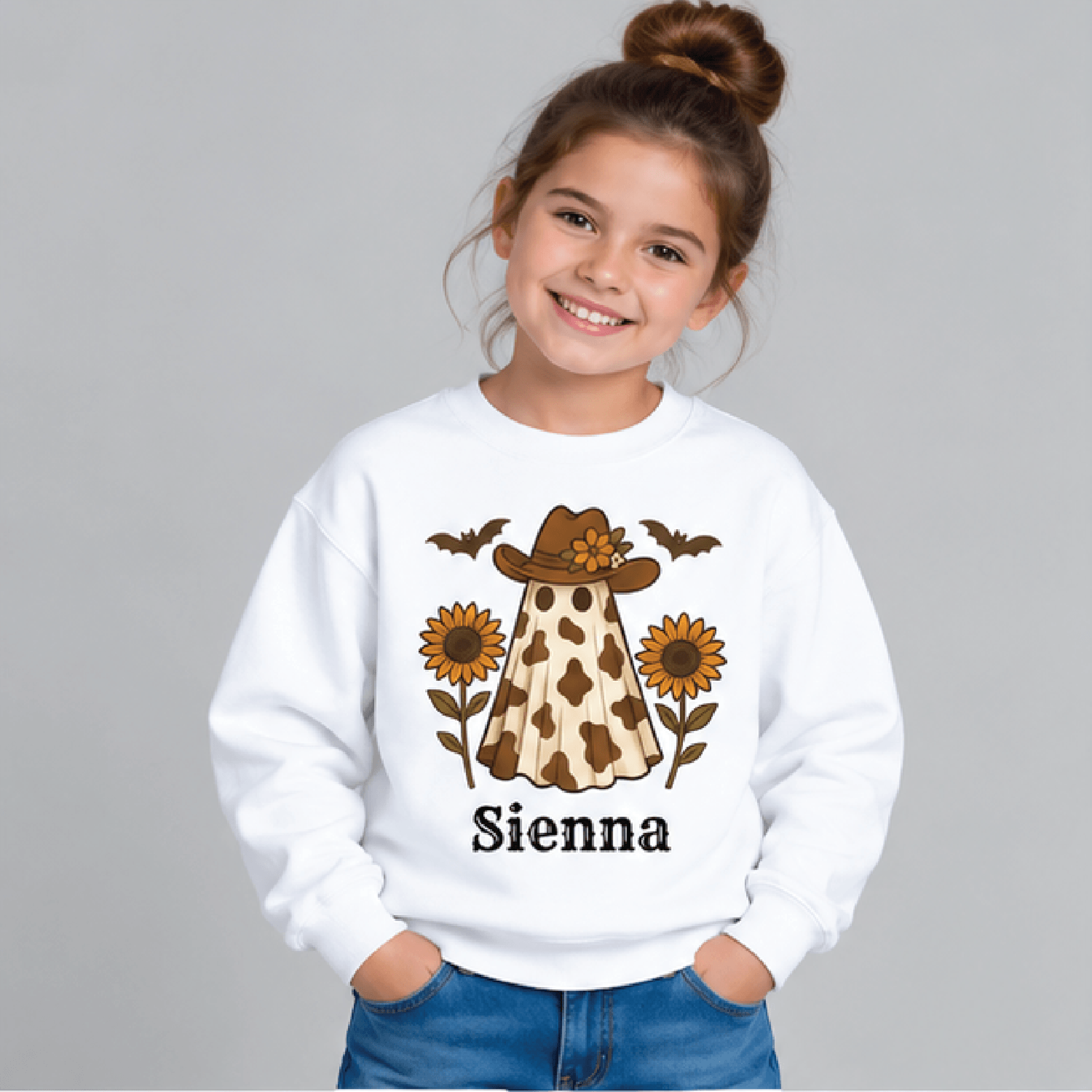 personalized cowgirl ghost halloween sweatshirt, kids youth unisex custom name crewneck, western sunflower spooky sweate