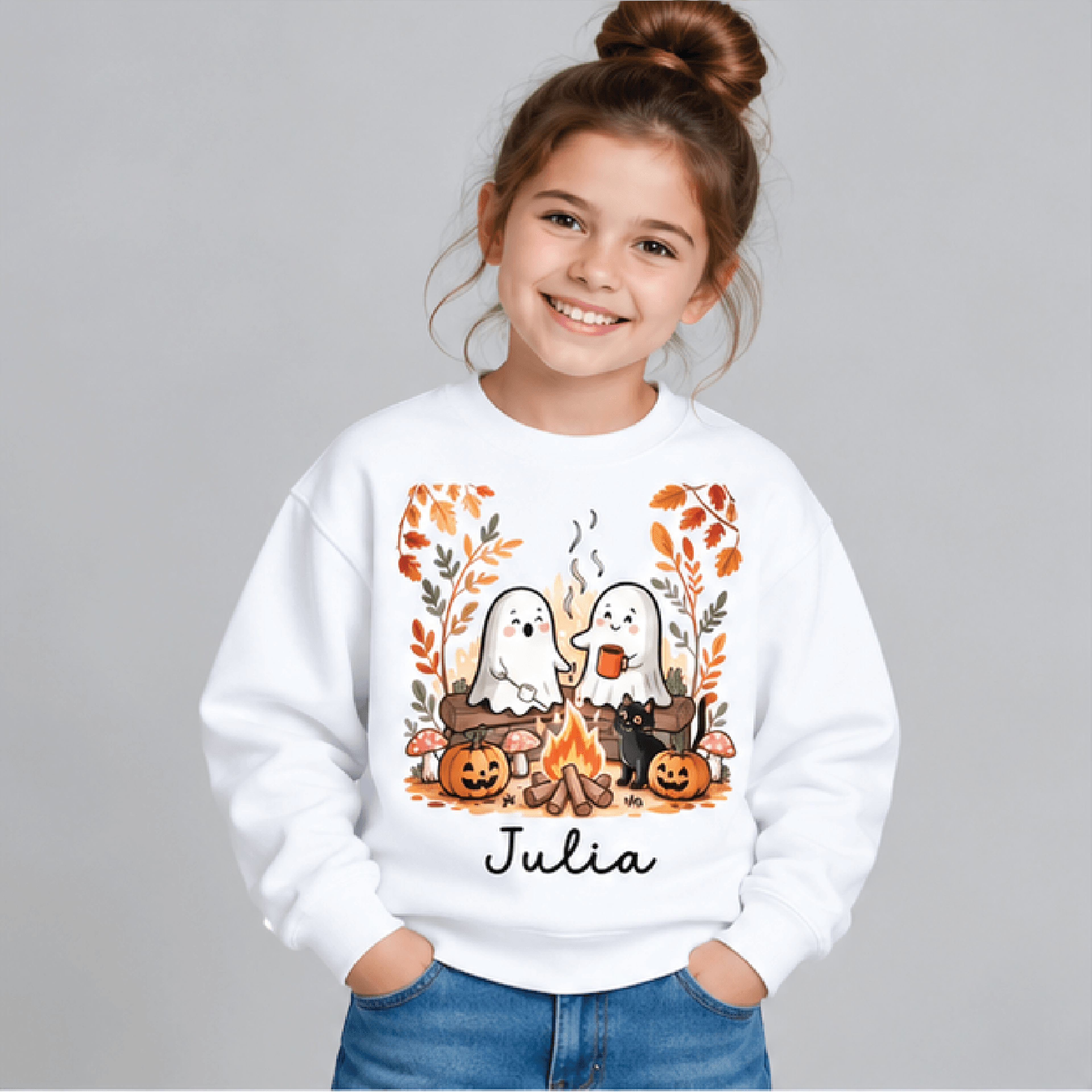 personalized ghost halloween sweatshirt, kids youth unisex custom name crewneck, cute pumpkin spooky season sweater gift