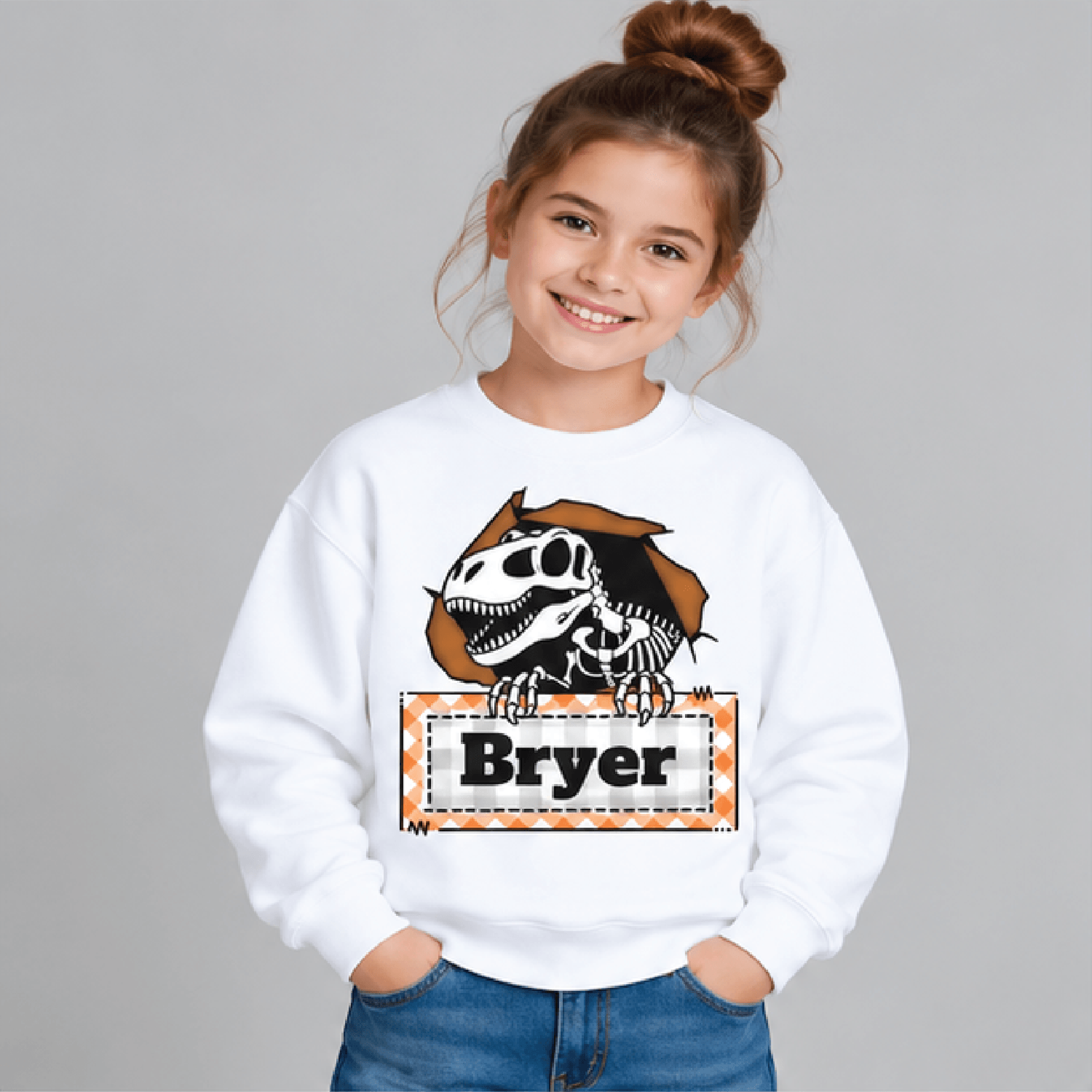 personalized t-rex skeleton sweatshirt, kids youth unisex custom name dinosaur crewneck, fossil paleontology dino birthd
