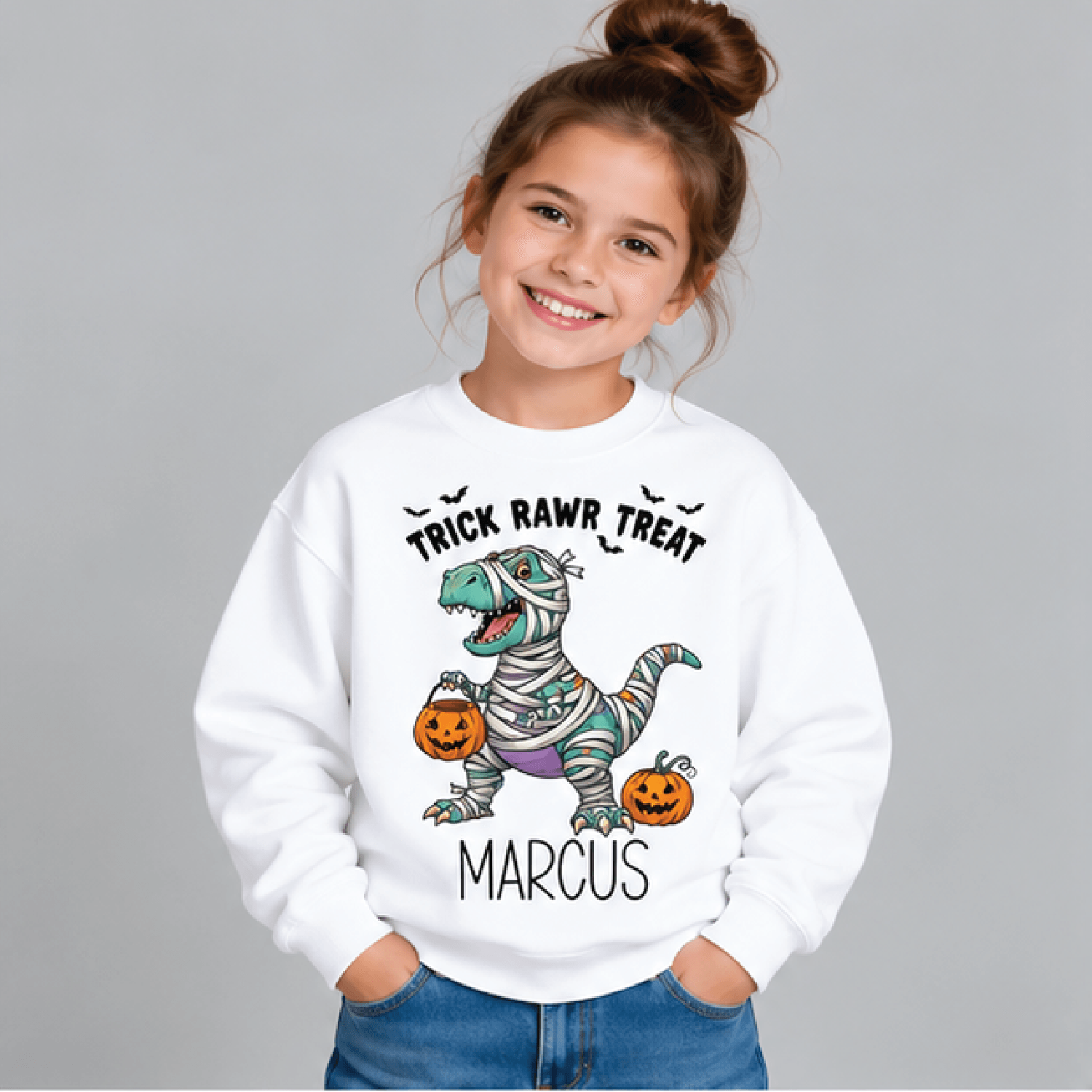 personalized mummy dinosaur halloween sweatshirt, kids youth unisex custom name crewneck, trick rawr treat t-rex sweater