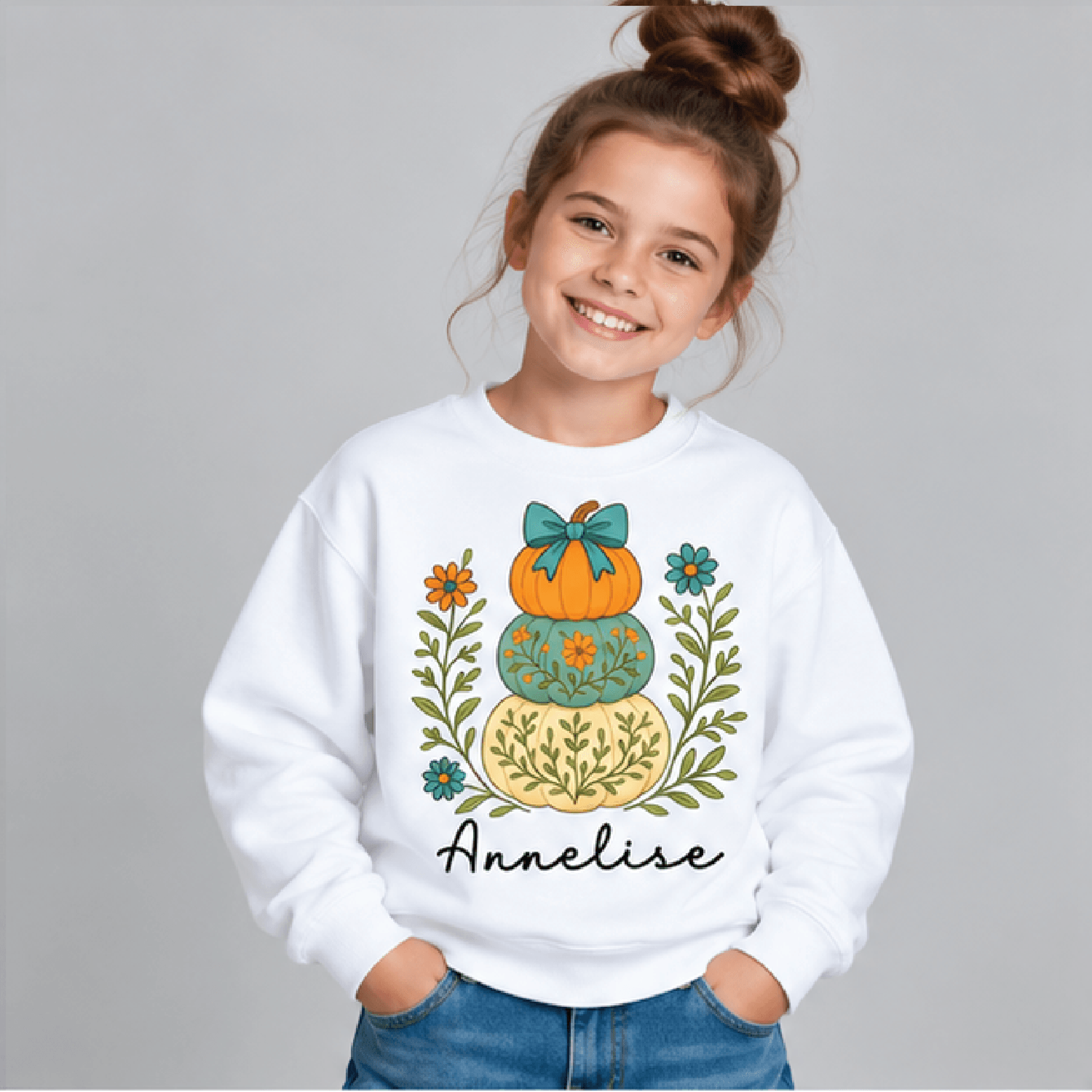 personalized preppy pumpkin stack sweatshirt, kids youth unisex custom name crewneck, floral bow grandmillennial fall sw