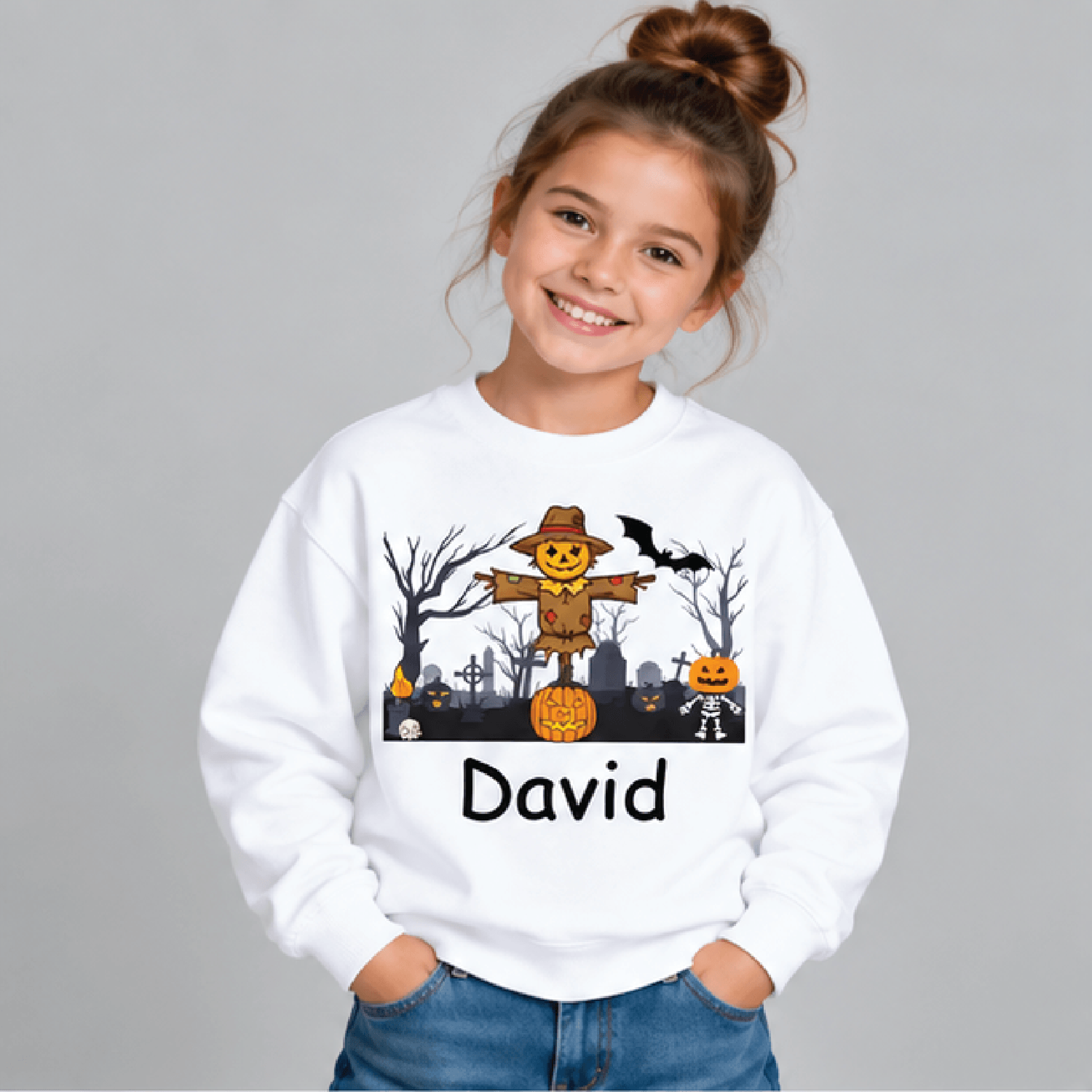 personalized scarecrow halloween sweatshirt, kids youth unisex custom name crewneck, pumpkin spooky fall sweater gift