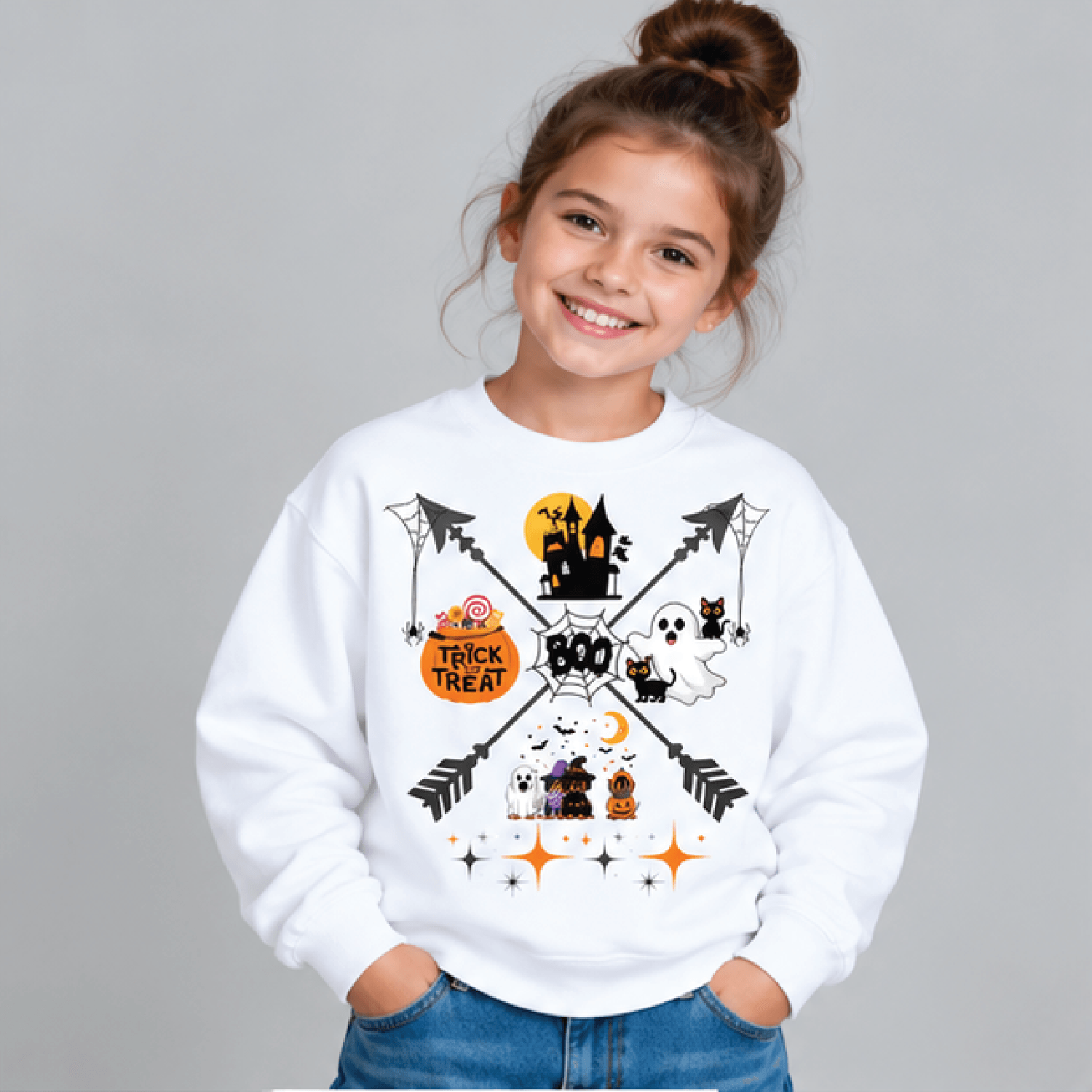 personalized halloween arrow sweatshirt, kids youth unisex custom name crewneck, haunted house ghost dog pumpkin boo