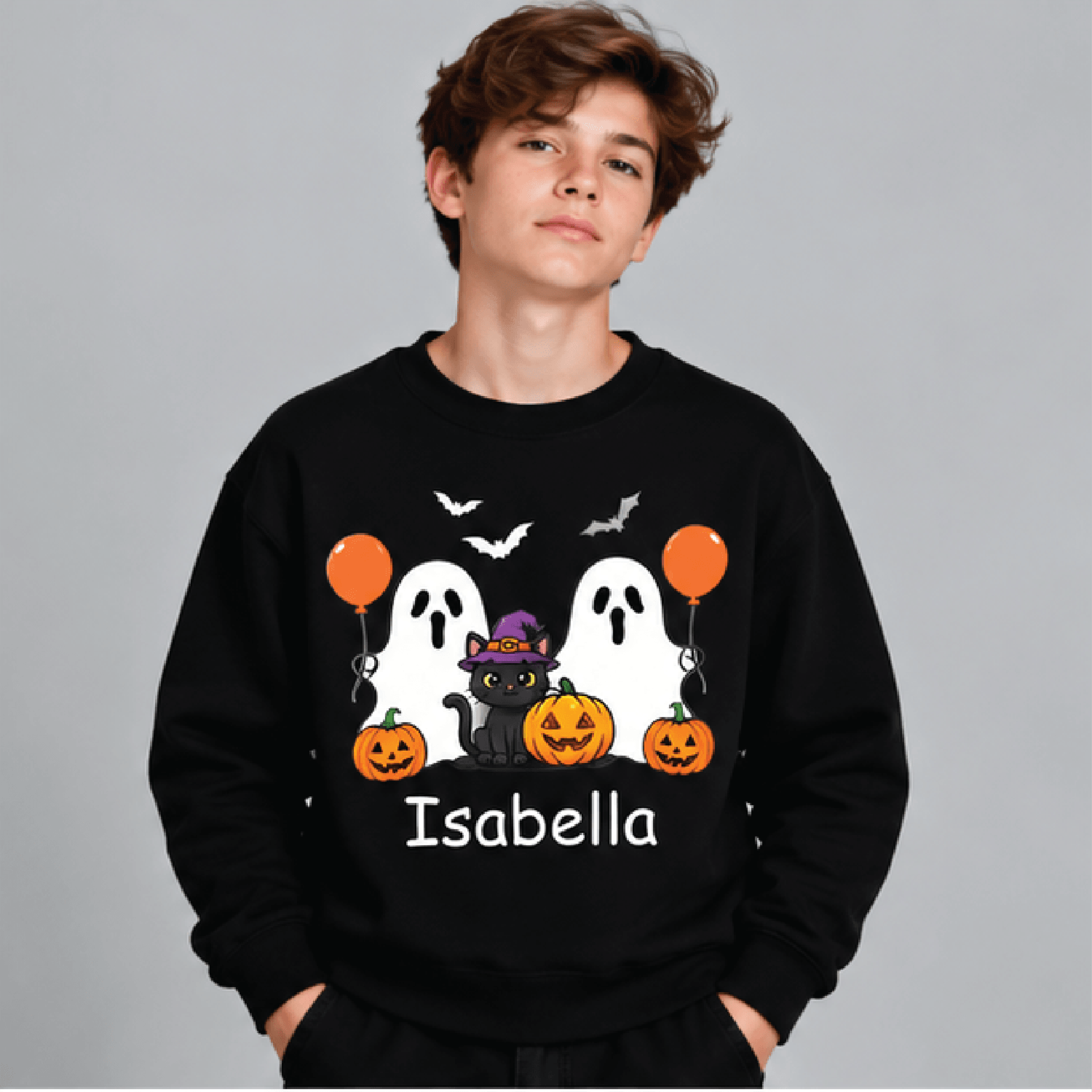 personalized black cat halloween sweatshirt, kids youth unisex custom name crewneck, boo ghost pumpkin trick or treat sw
