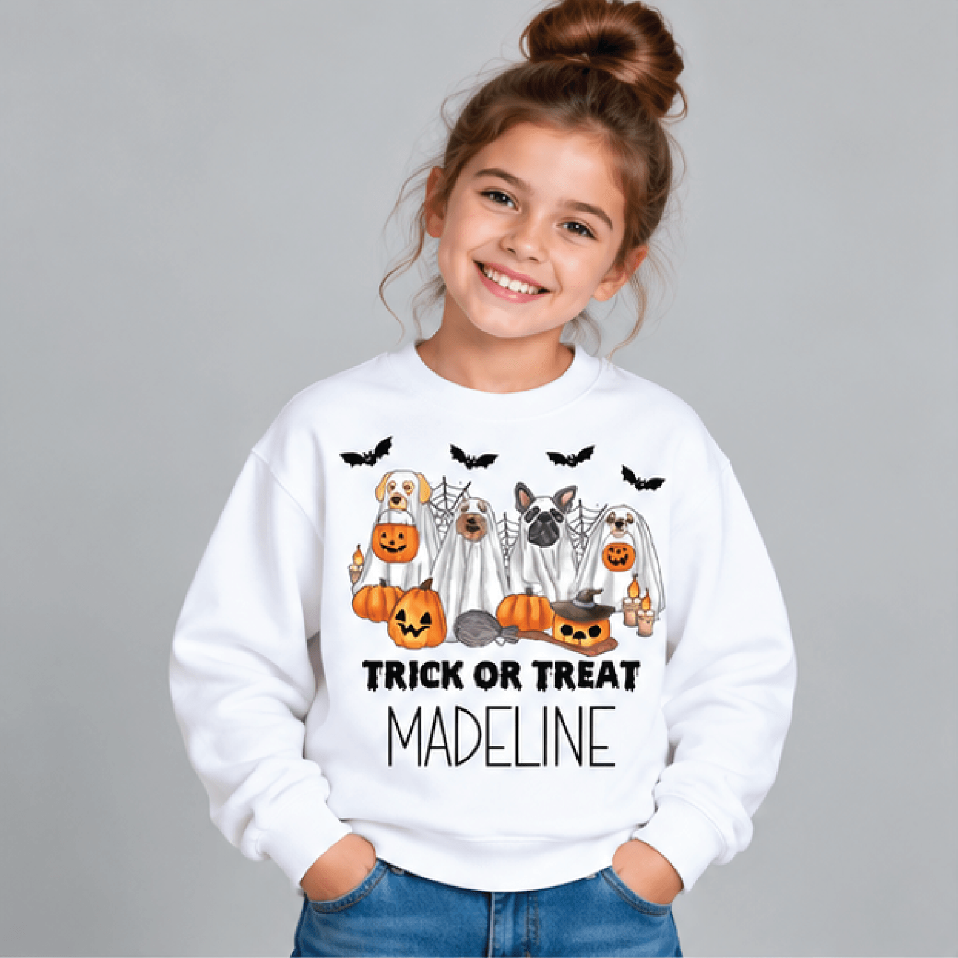personalized halloween dog ghost sweatshirt, kids youth unisex custom name crewneck, cute puppy pumpkin spooky sweater g