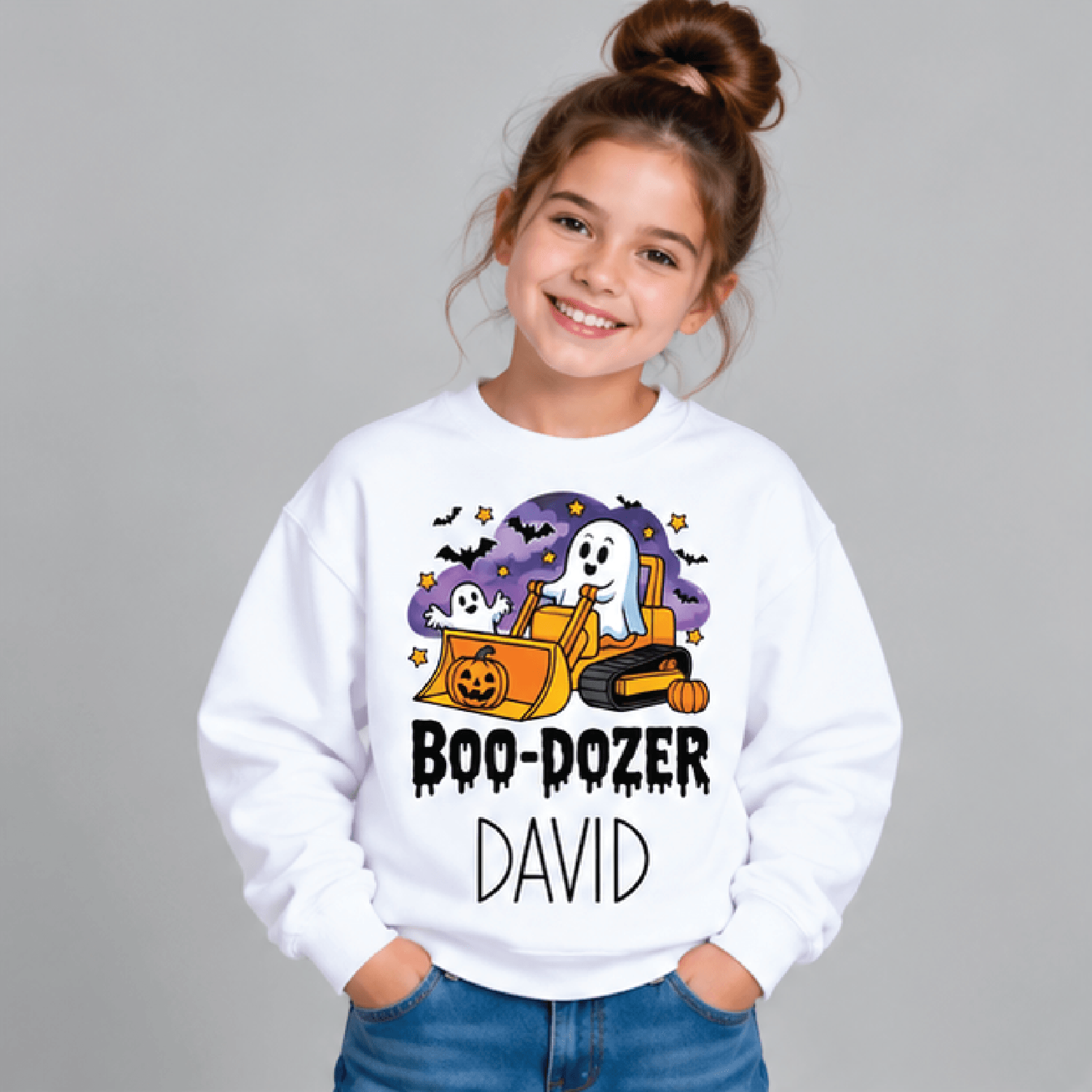 personalized boo dozer halloween sweatshirt, kids youth unisex custom name ghost bulldozer crewneck, construction sweate