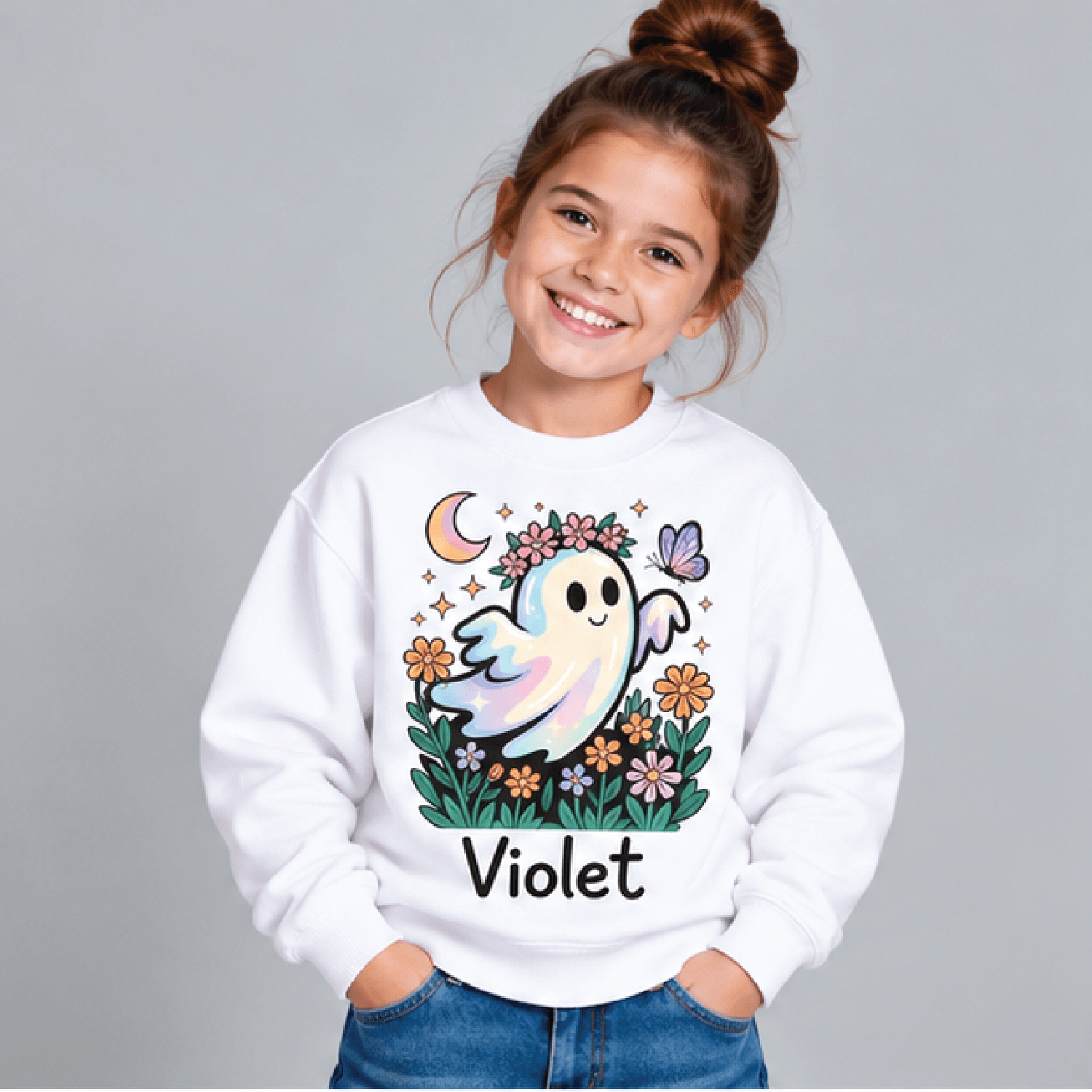 personalized floral ghost halloween sweatshirt, kids youth unisex custom name crewneck, wildflower ghost spooky fall swe