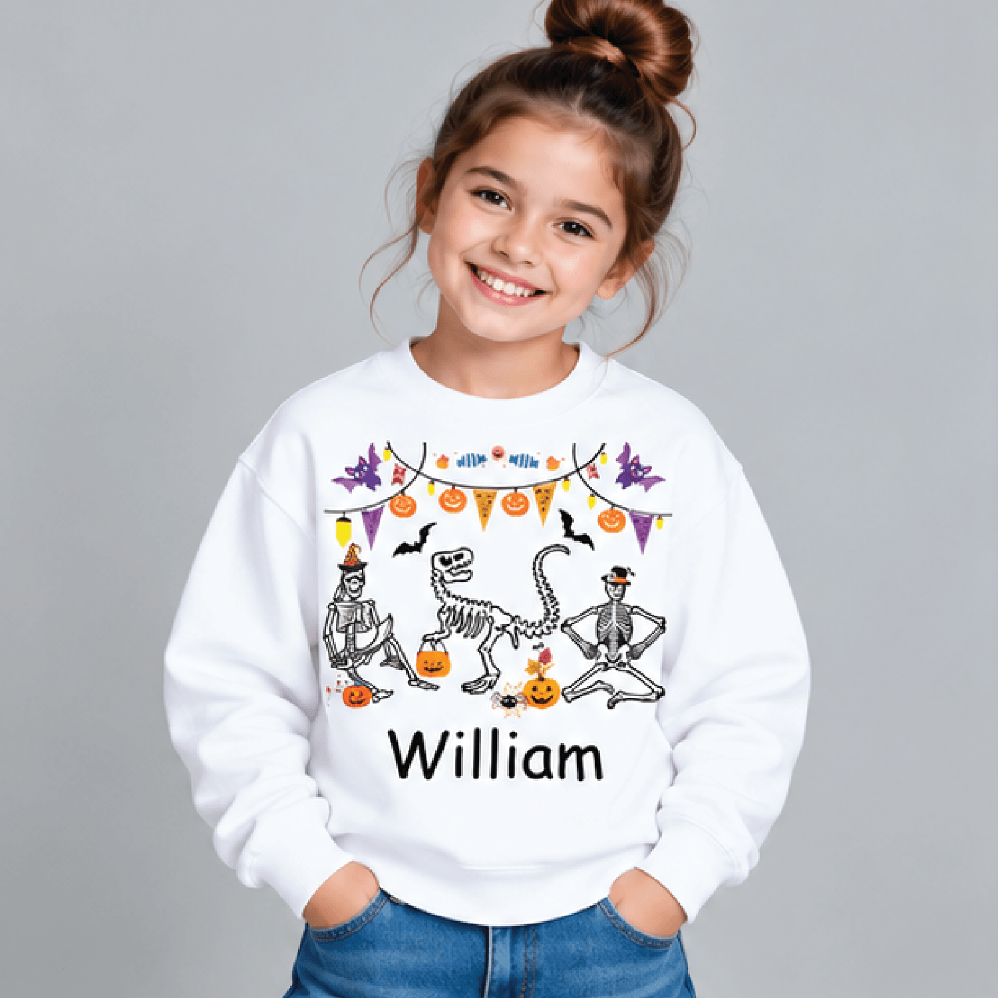 personalized dinosaur skeleton halloween sweatshirt, kids youth unisex custom name crewneck, spooky dino pumpkin sweater
