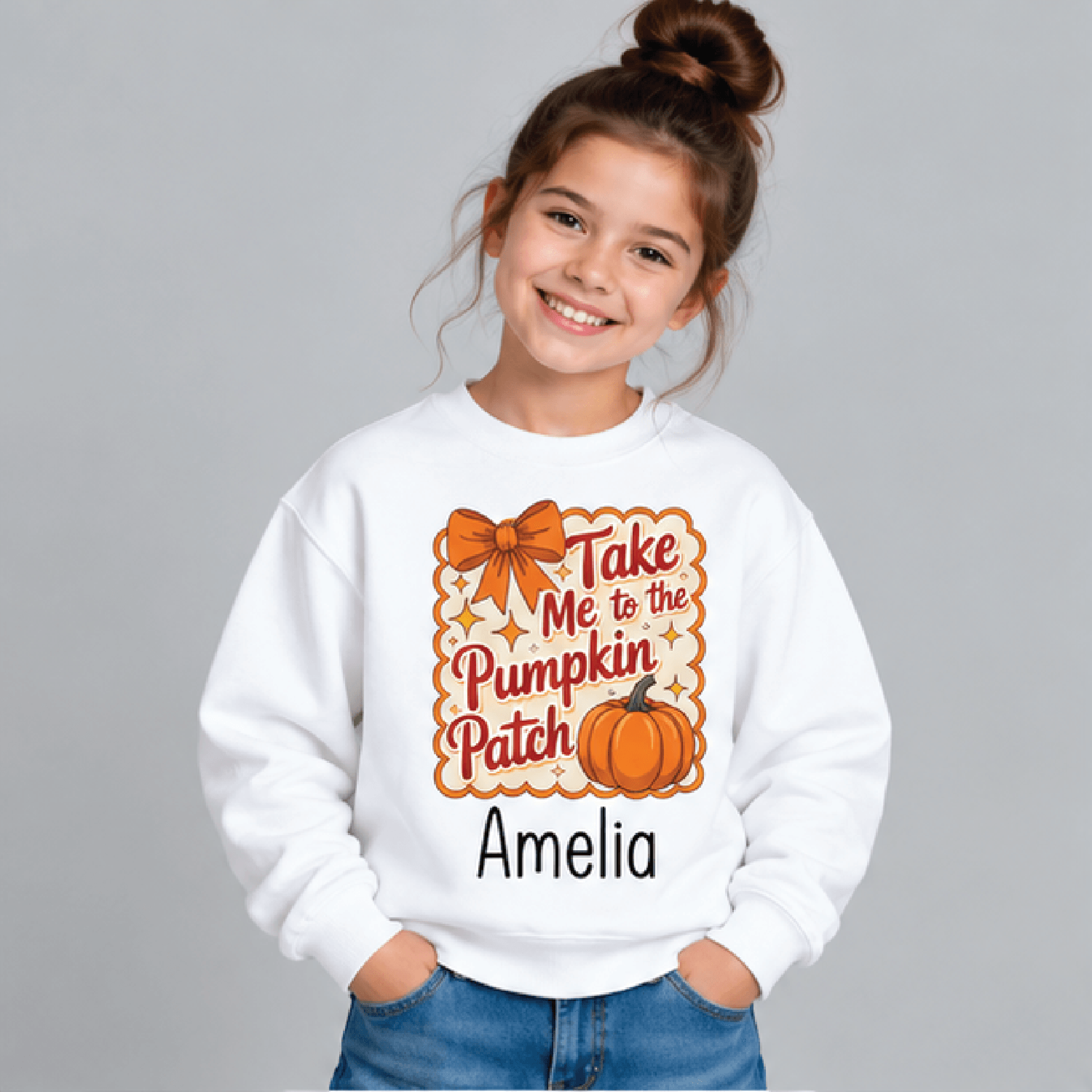 personalized take me to the pumpkin patch sweatshirt, kids youth unisex custom name crewneck, coquette bow fall pumpkin