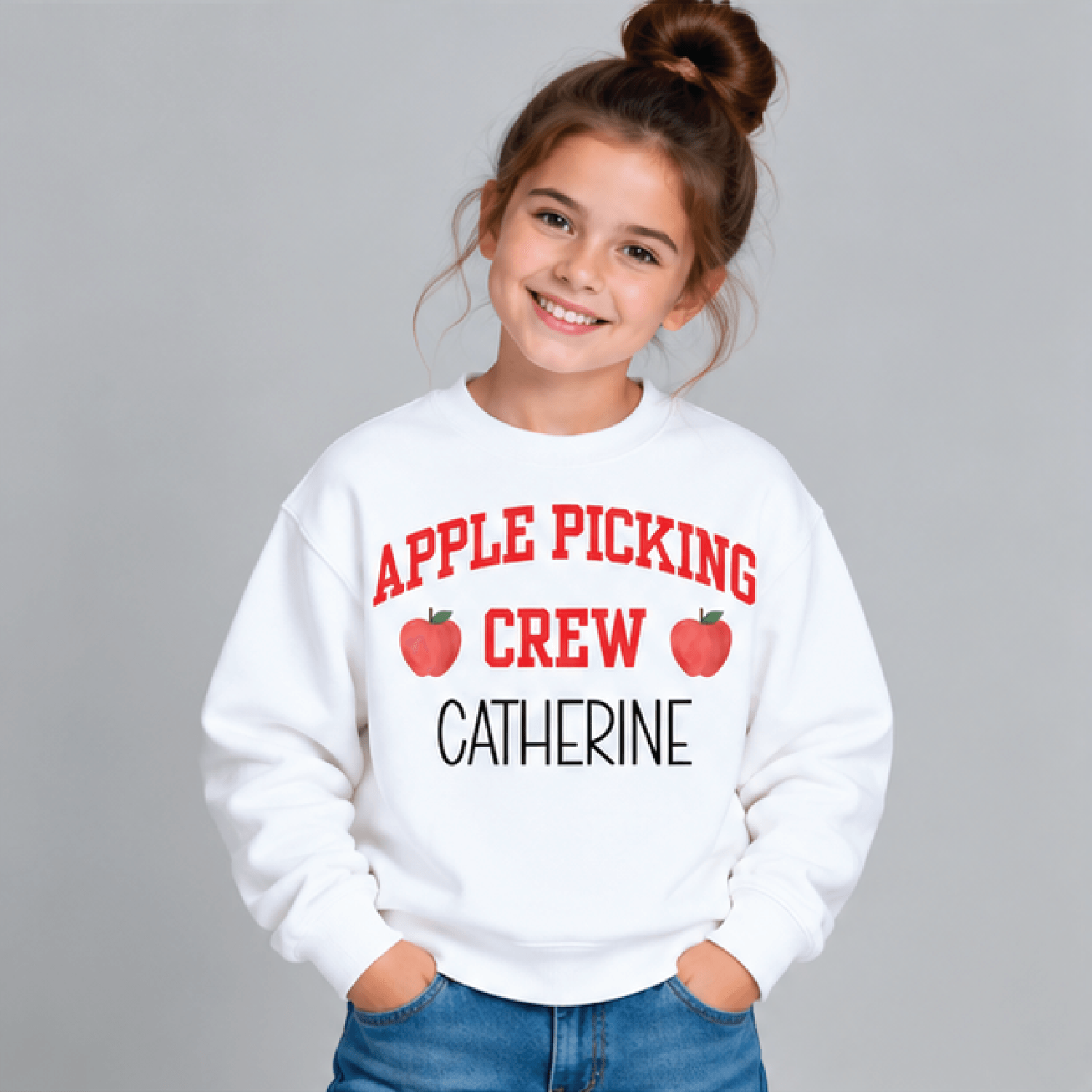 personalized apple picking crew sweatshirt, kids youth unisex custom name crewneck, apple orchard fall harvest sweater