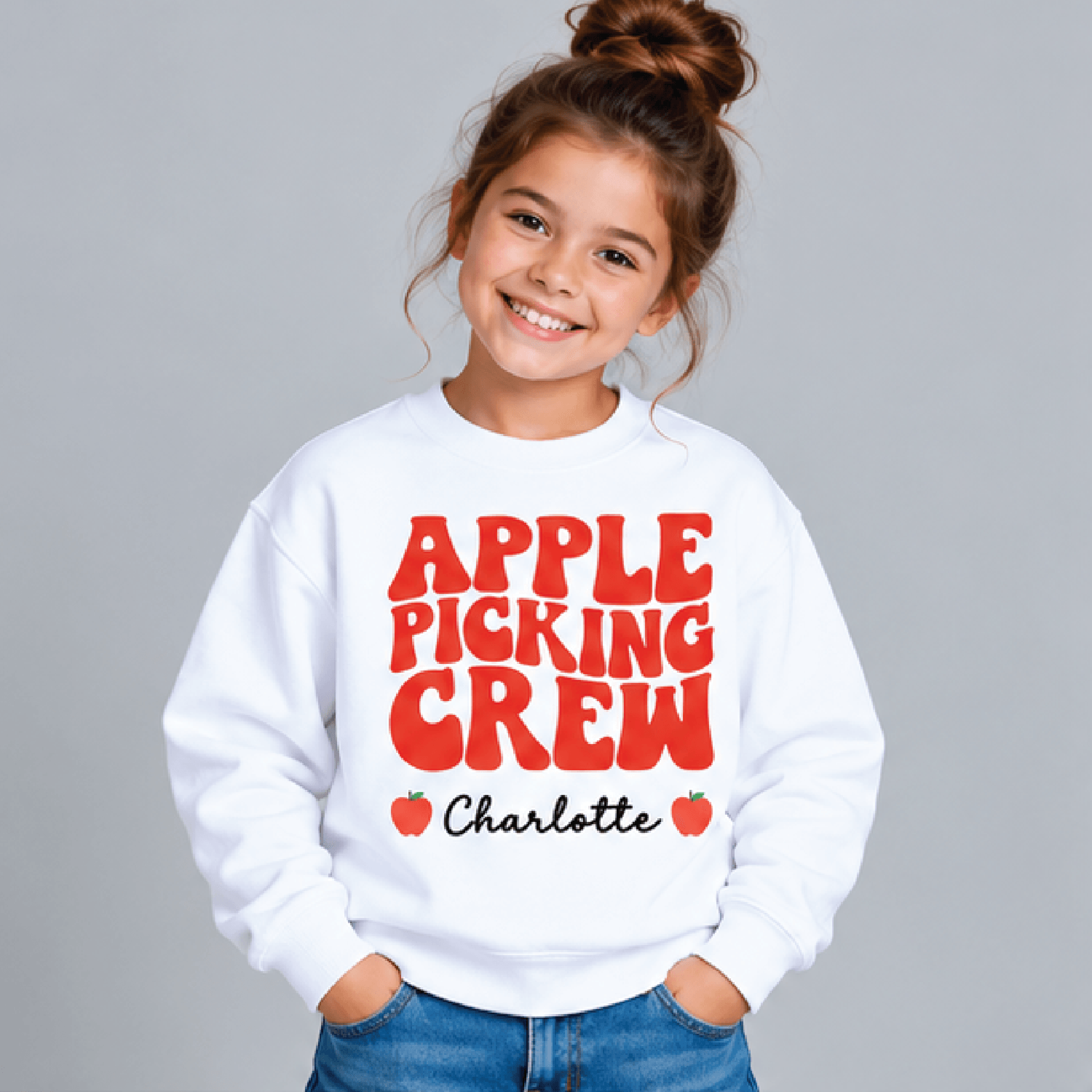personalized apple picking crew sweatshirt, kids youth unisex custom name crewneck, retro apple orchard fall harvest