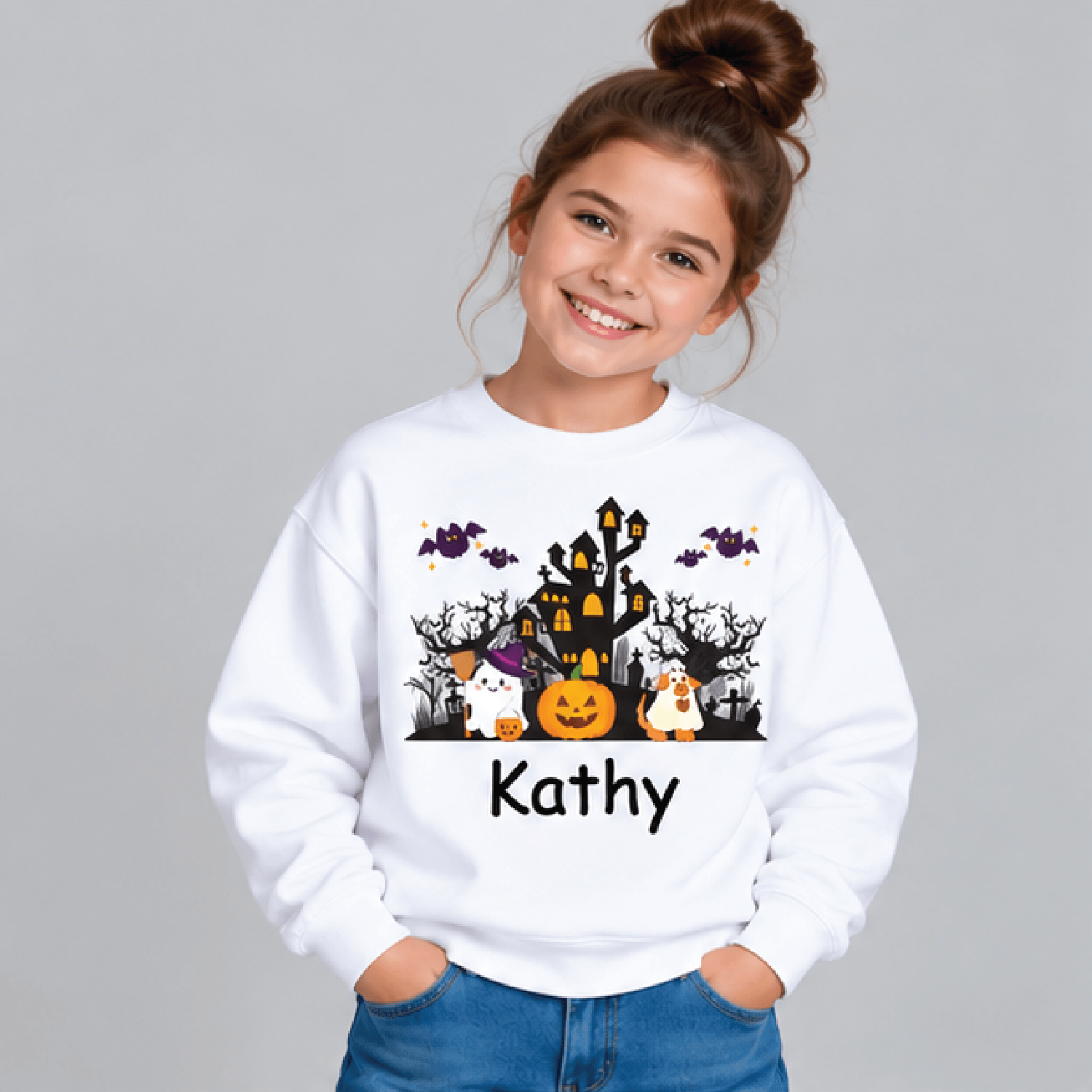 personalized halloween sweatshirt, kids youth unisex custom name crewneck, cute spooky season fall sweater gift