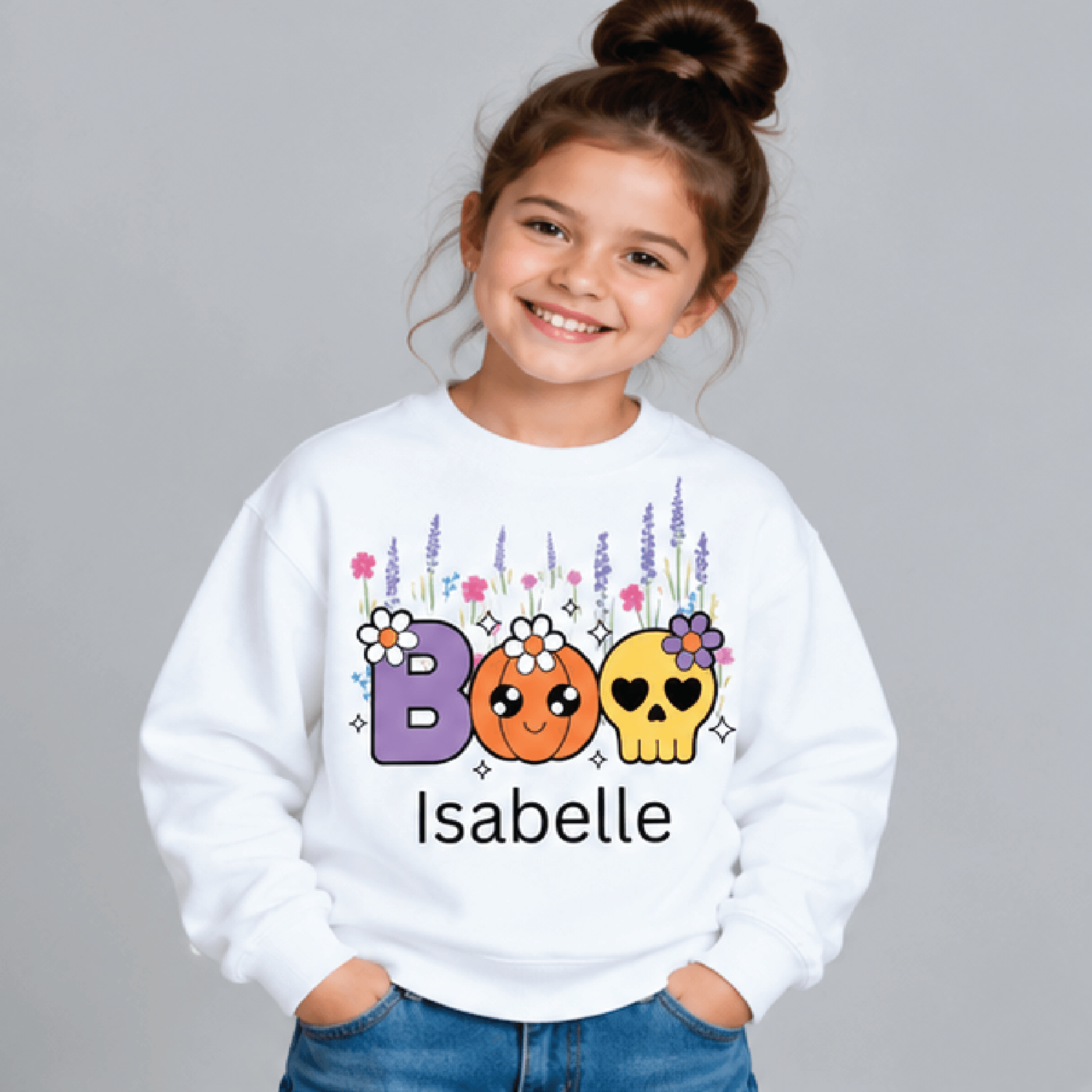 personalized spooky ghost sweatshirt, kids youth unisex custom name crewneck, cute bow ghost halloween sweater