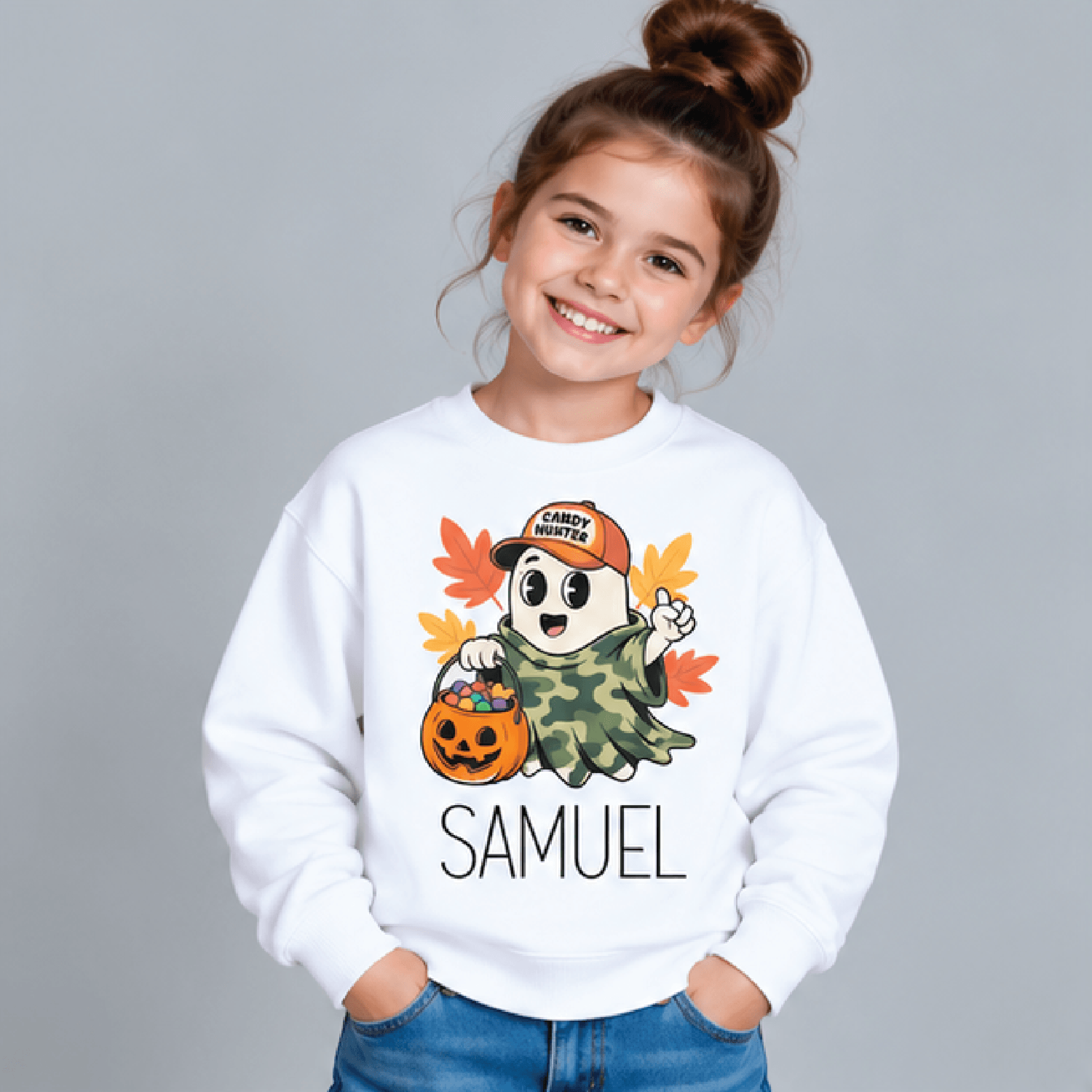 personalized candy hunter ghost sweatshirt, kids youth unisex camo halloween crewneck, custom name trick or treat sweate