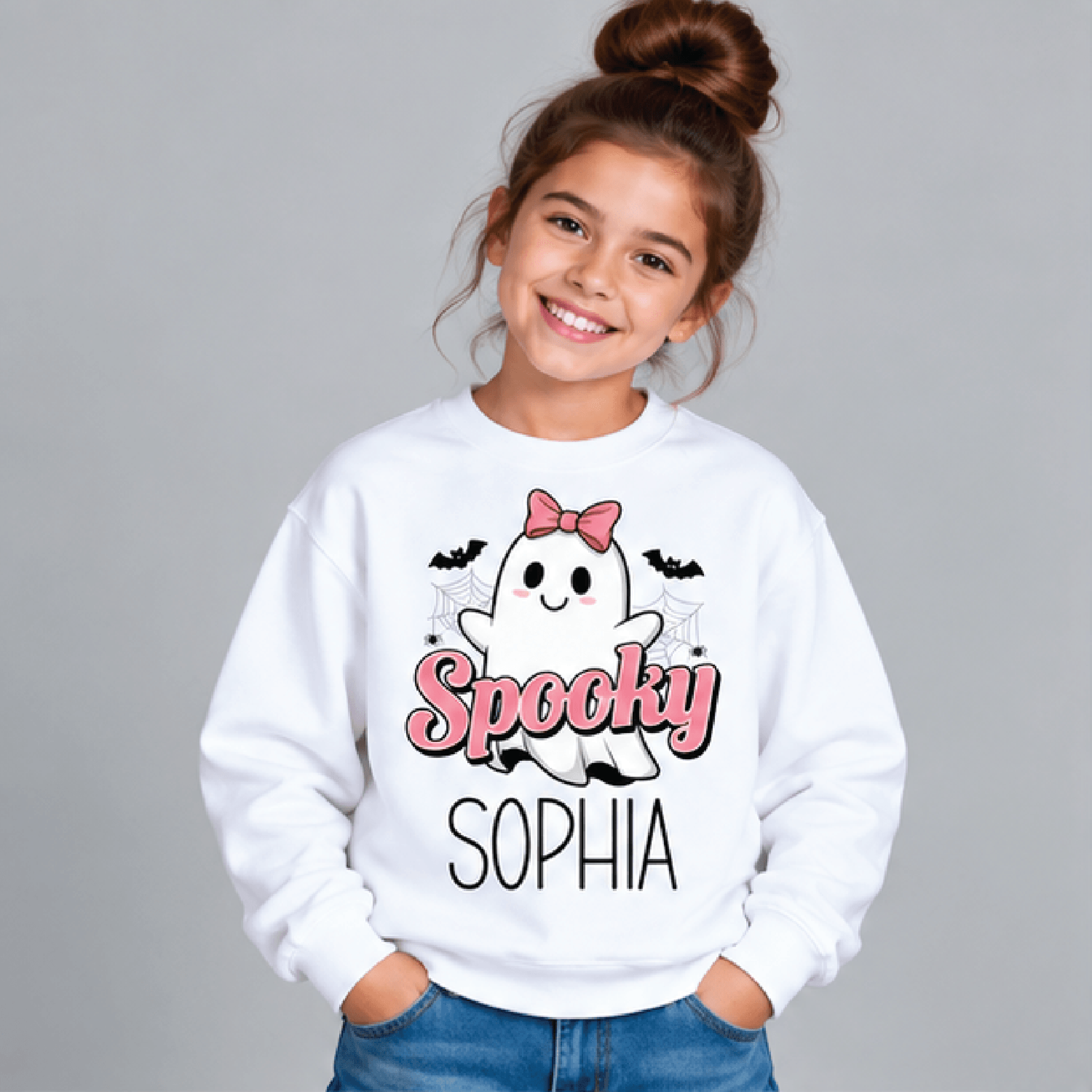personalized spooky ghost sweatshirt, kids youth unisex custom name crewneck, pink bow cute halloween sweater gift