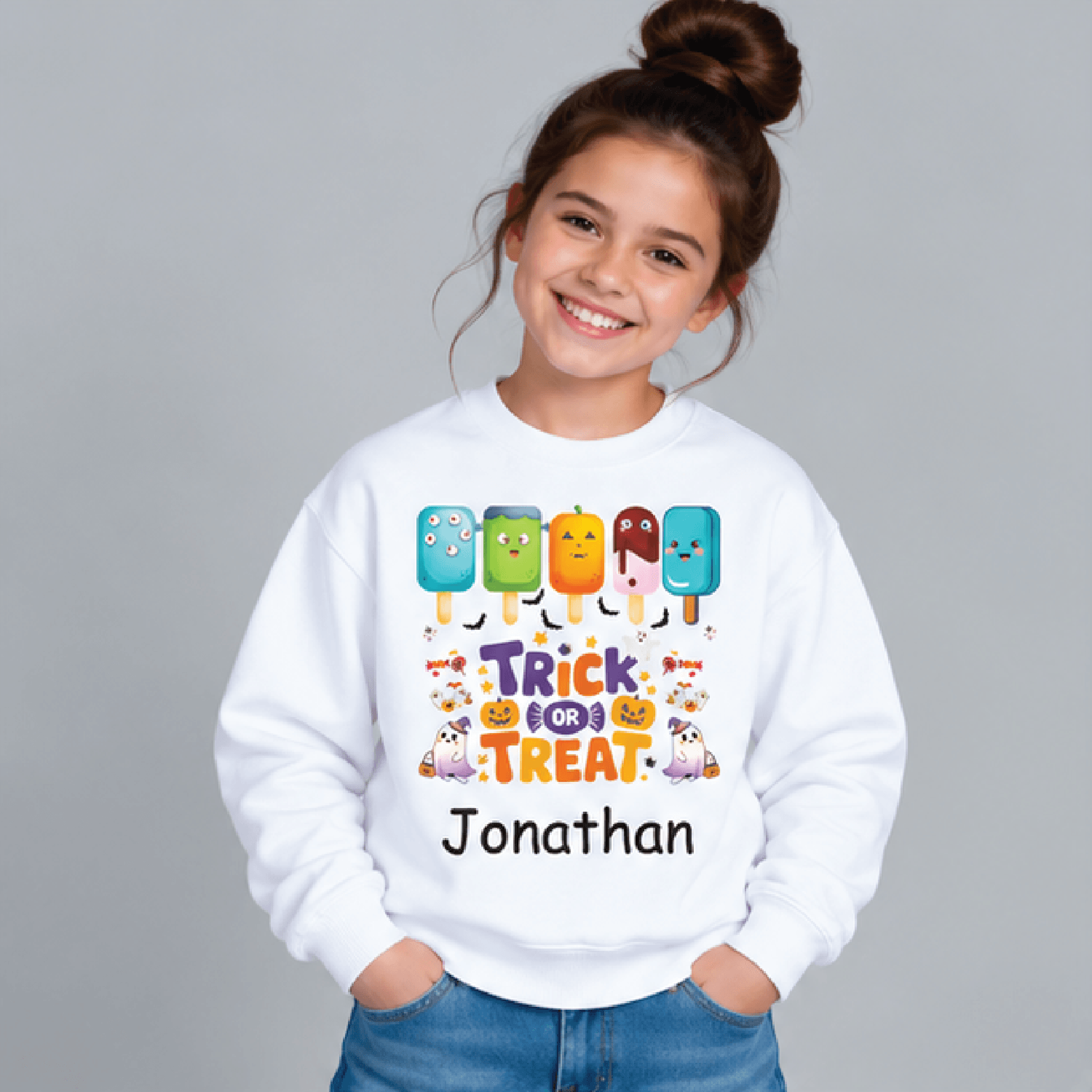 personalized trick or treat ice cream sweatshirt, kids youth unisex custom name crewneck, cute halloween popsicle ghost