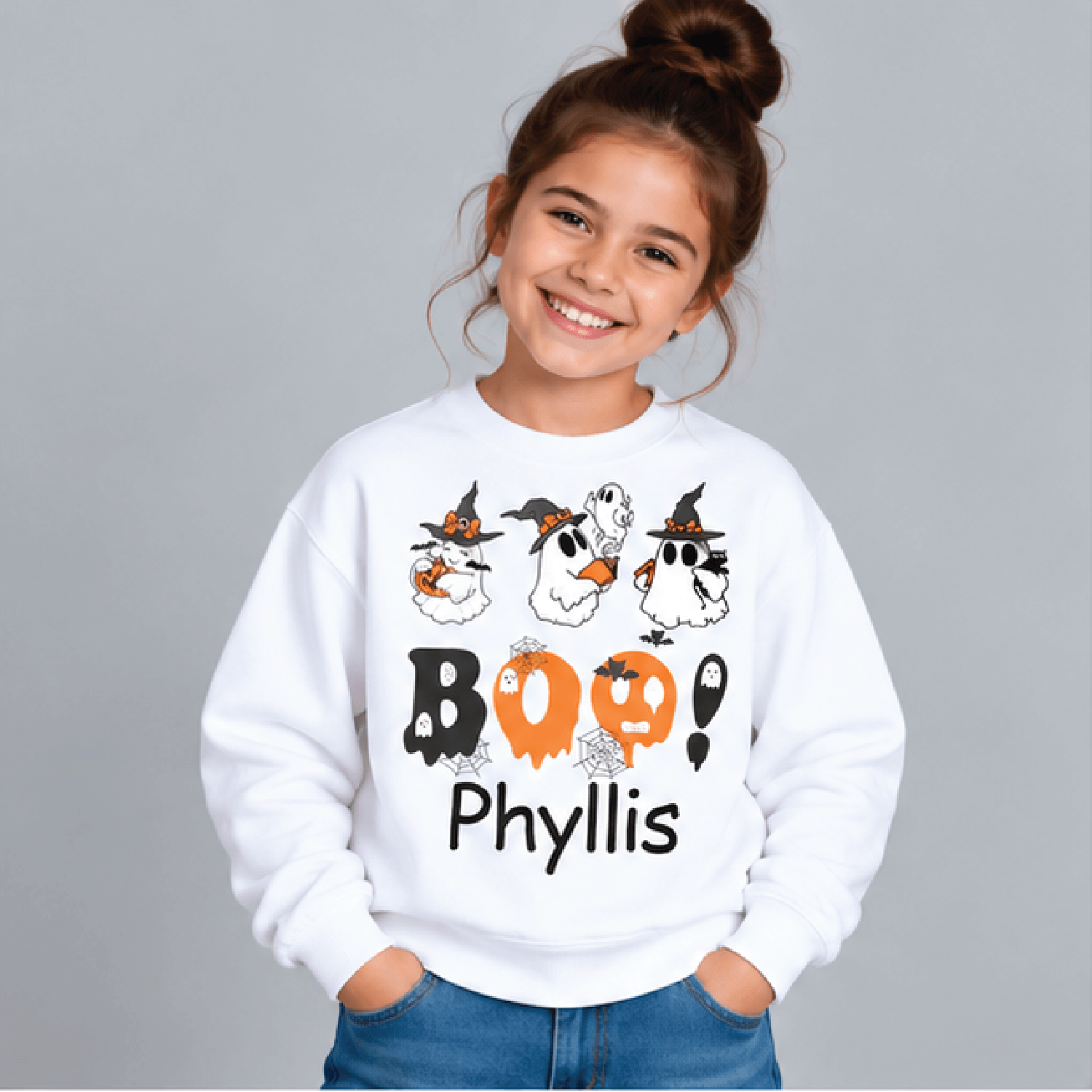 personalized boo ghost halloween sweatshirt, kids youth unisex custom name crewneck, witch hat ghost spooky season sweat