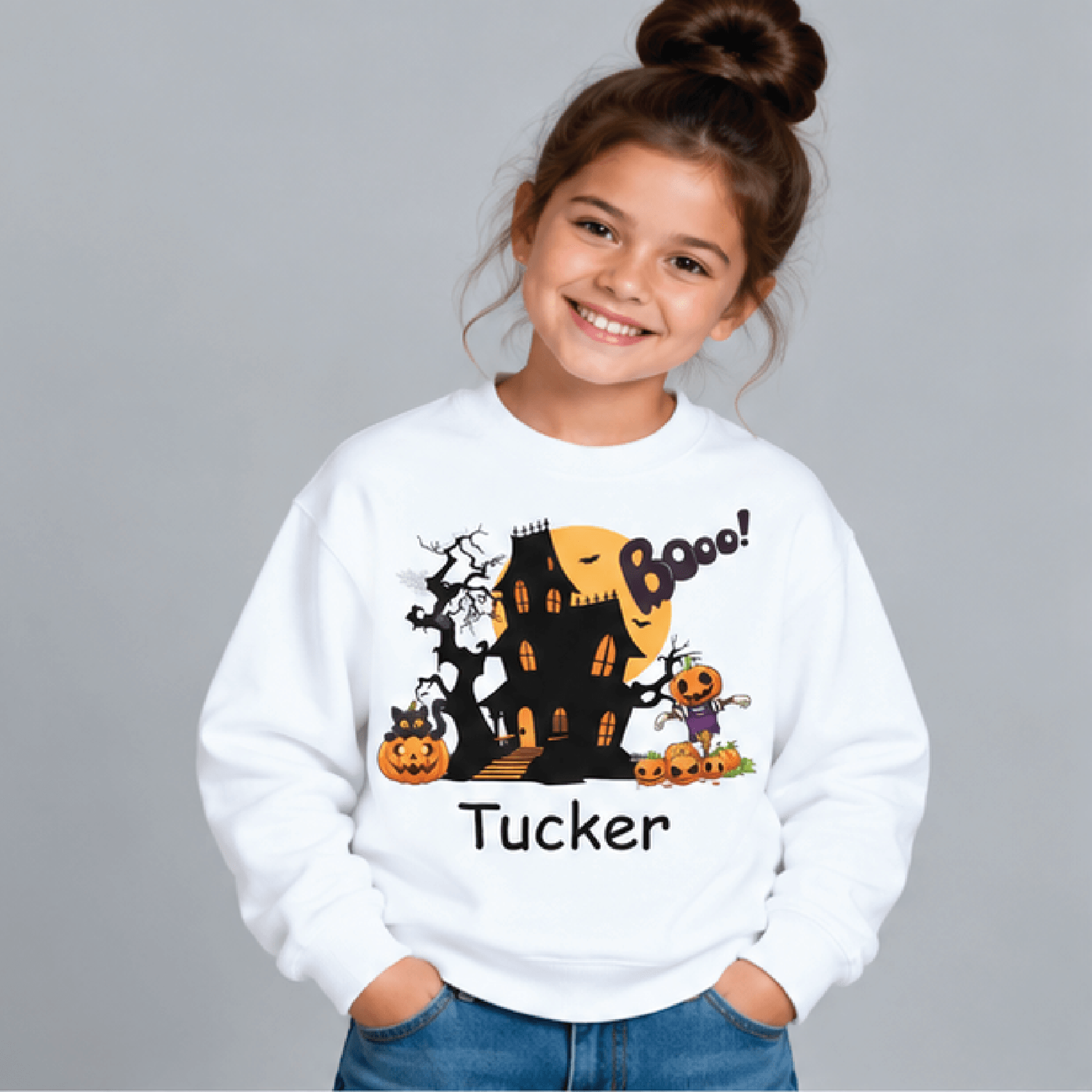 personalized haunted house boo sweatshirt, kids youth unisex custom name crewneck, scarecrow pumpkin halloween sweater