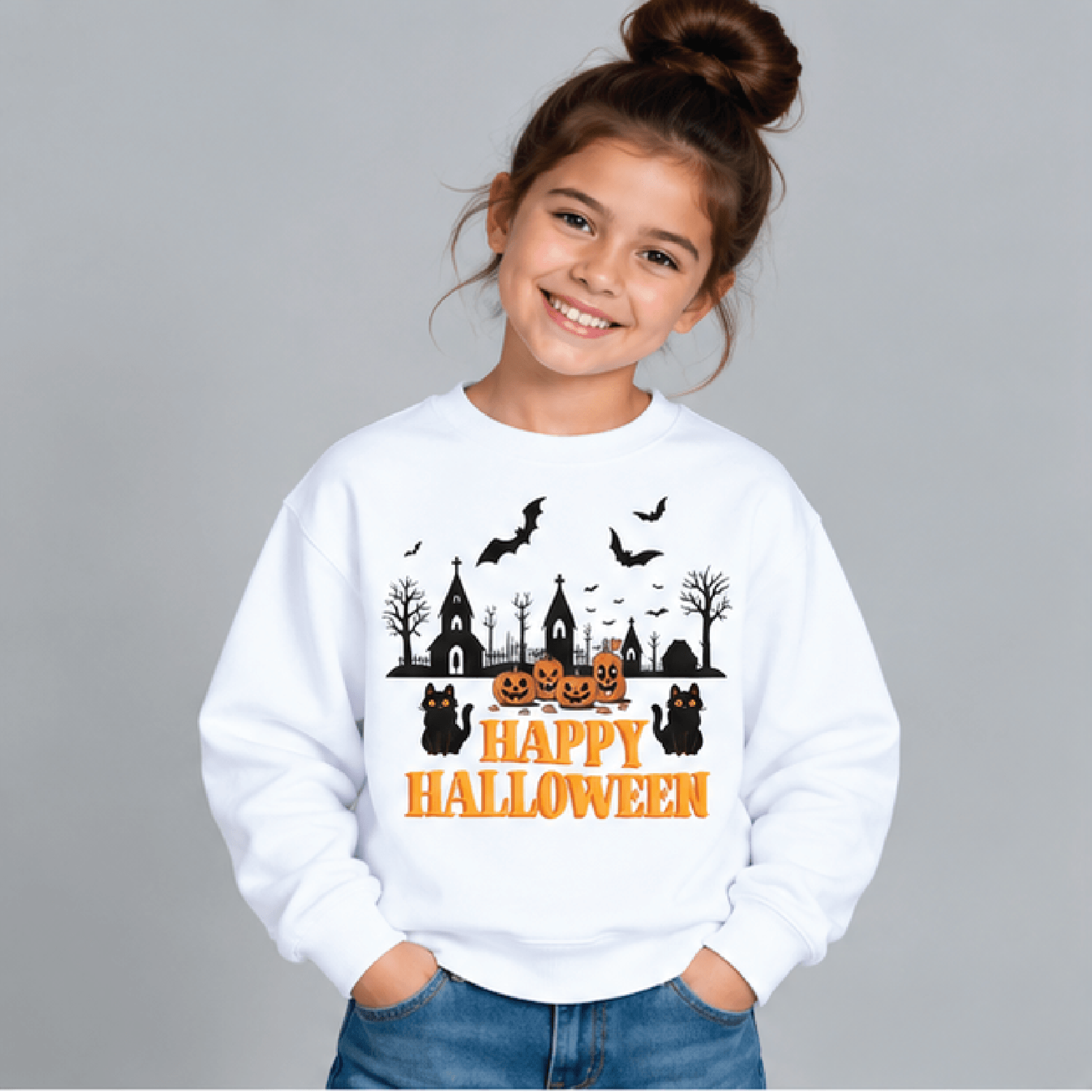 happy halloween sweatshirt, kids youth unisex spooky village crewneck, pumpkin black cat bat haunted house halloween
