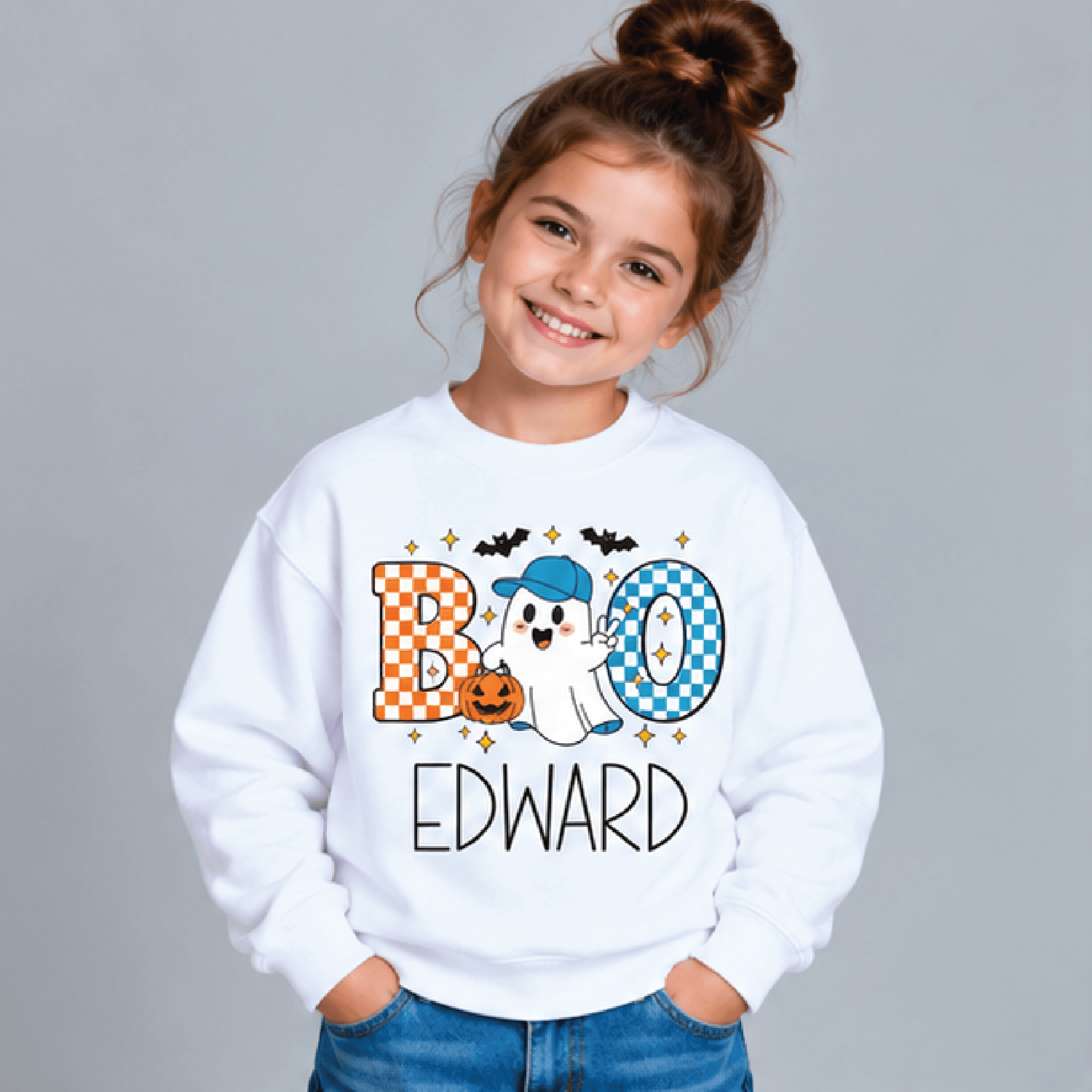 personalized boo ghost sweatshirt, kids youth unisex custom name crewneck, checkered baseball ghost halloween sweater